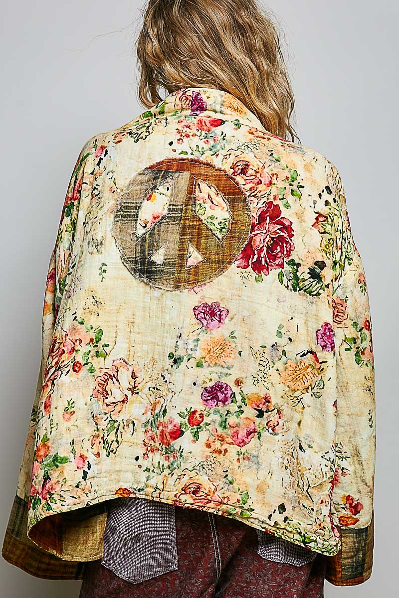 Peace in Bloom Yellow Floral Reversible Boho Jacket with peace sign back view from POL Clothing a bohemian cardigan jacket 