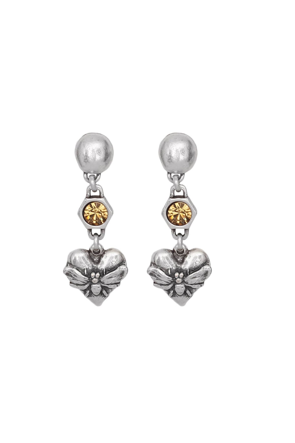 Champagne color crystal earrings with heart bee and post earrings made of pewter and sterling silver plated 