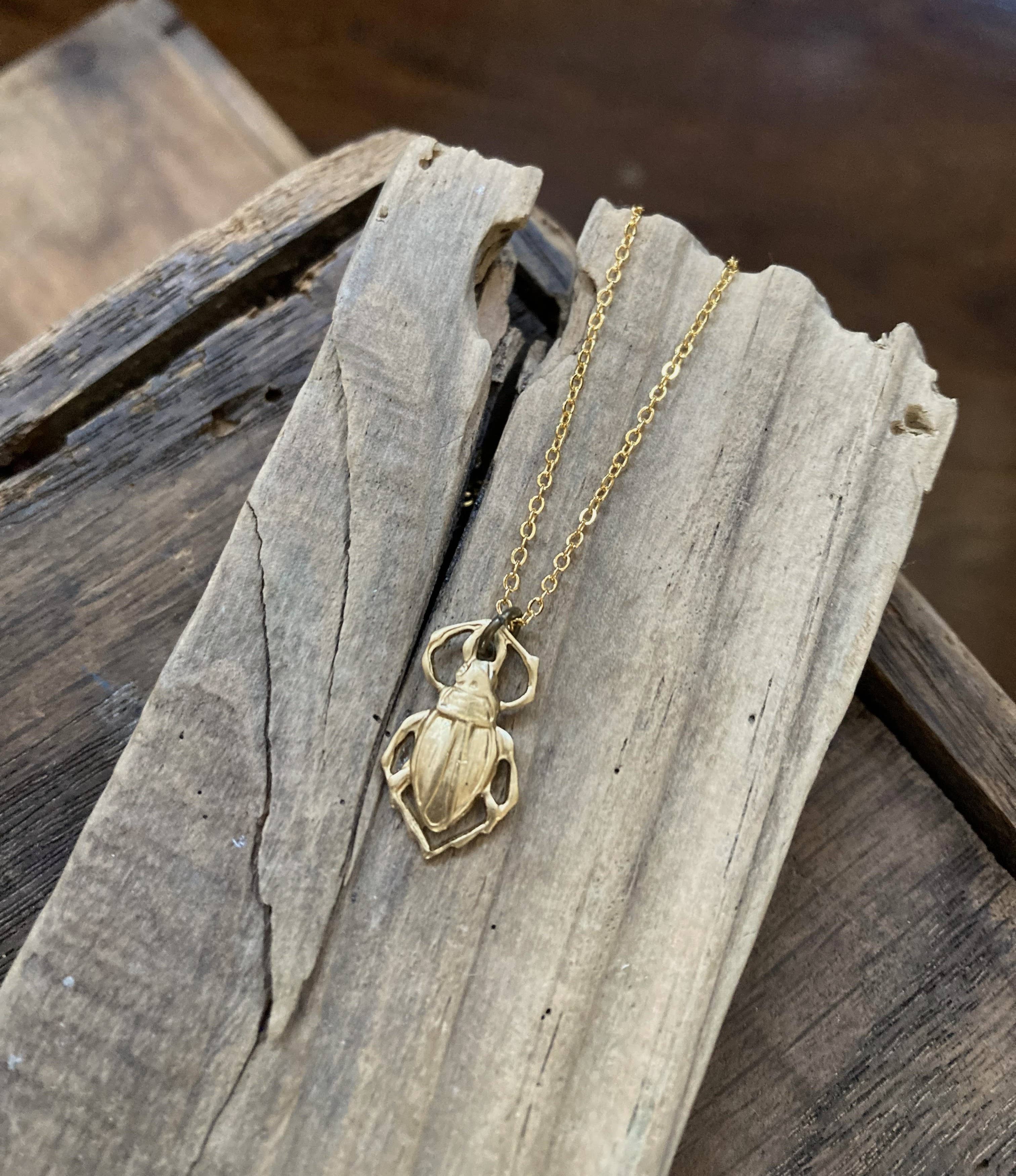 Tiny Brass Beetle Bug Charm Necklace