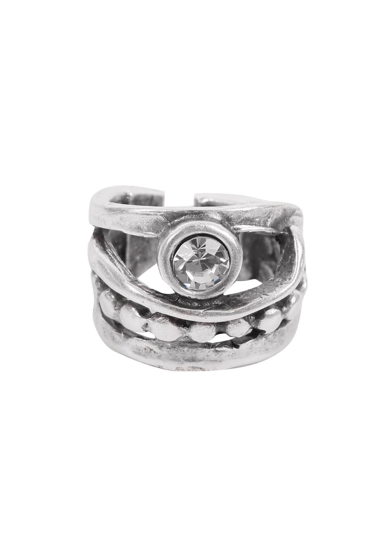 A silver-toned wrap ring with a textured, hammered finish and a central clear rhinestone, shown on a plain white background.