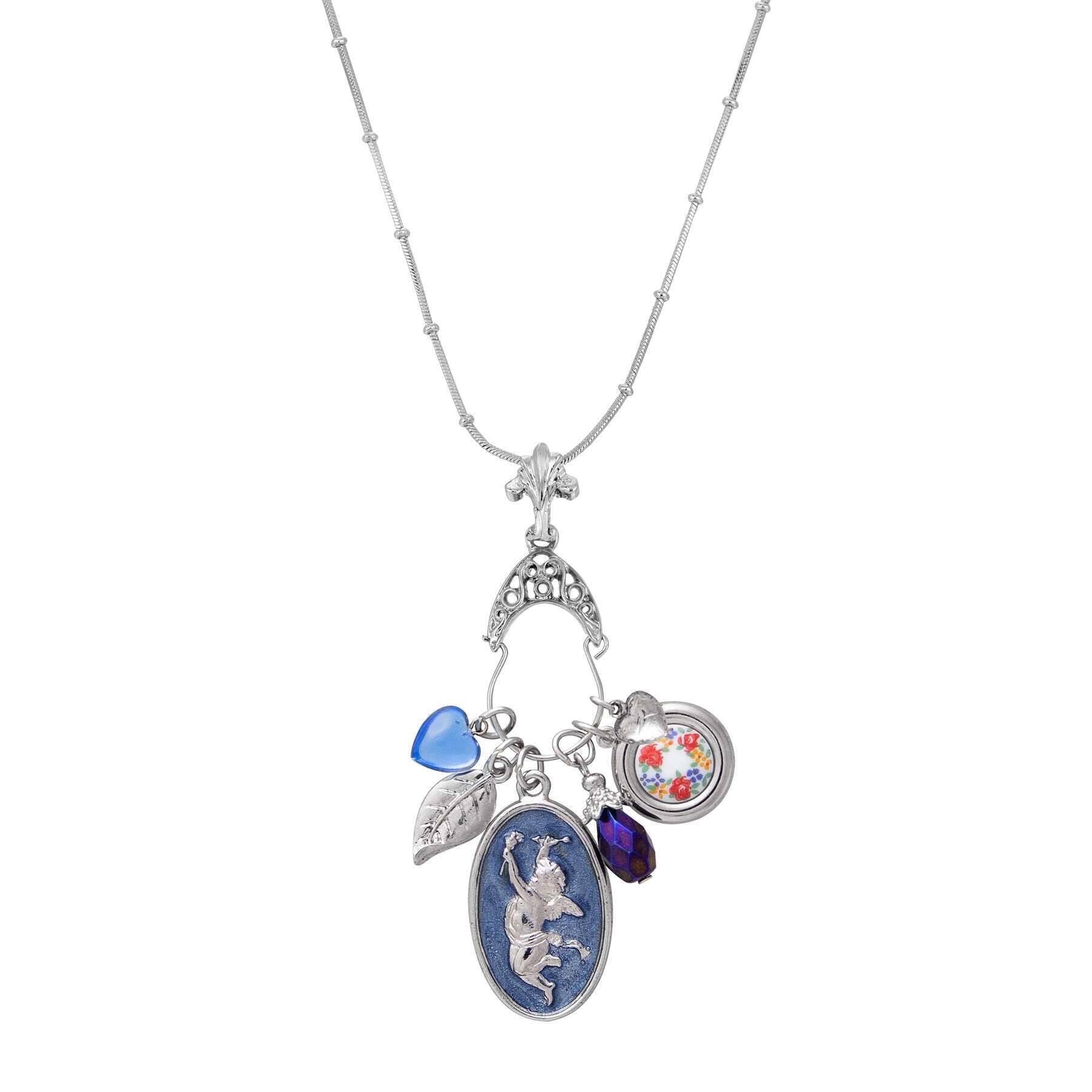 The Whimsy wishbone charm necklace - multi-charm necklace with scallop and filigree wishbone holder featuring 6 charms: blue heart, leaf, cherub, blue bead, floral decal, and etched heart by 1928 Jewelry