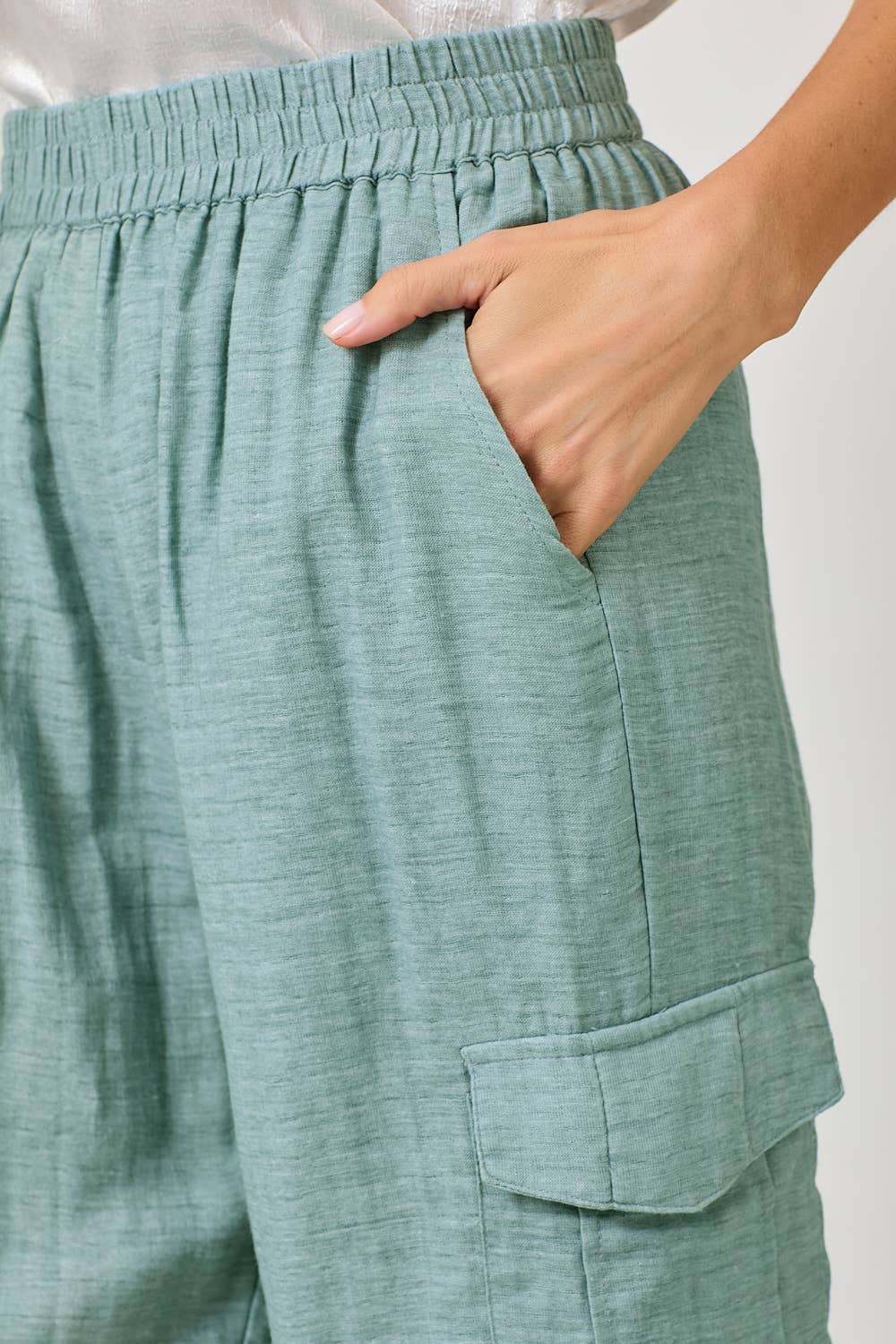 The Harper Shirred Joggers - fabric drape detail showing 60% rayon, 40% linen blend

