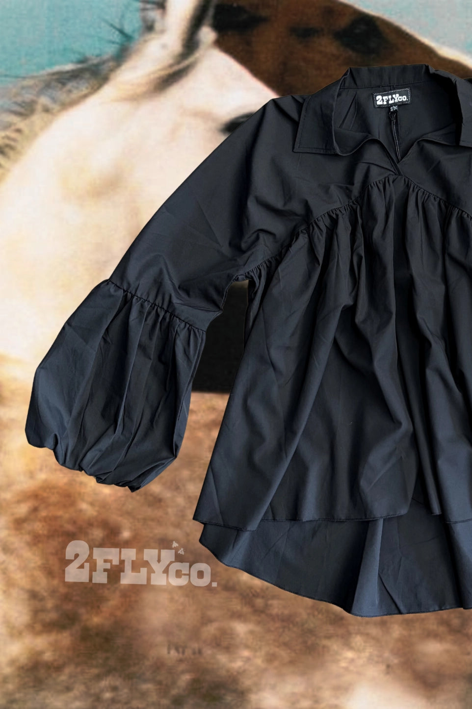 A black long-sleeve blouse with a ruffled collar and voluminous gathered sleeves, shown against a blurred horse background. The brand name '2FLYco.