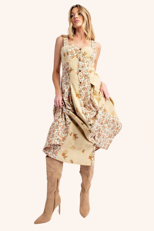 Cottagecore patchwork floral A-line midi with sweetheart bodice and pockets