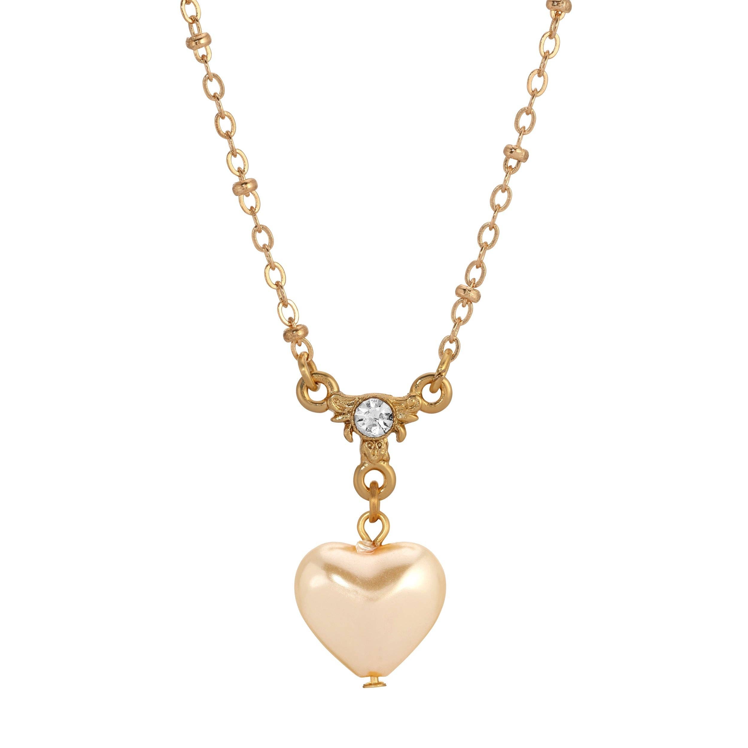 The Romance pearl heart necklace - 14K gold-dipped white faux pearl heart pendant with sparkling crystal accent by 1928 Jewelry made in USA