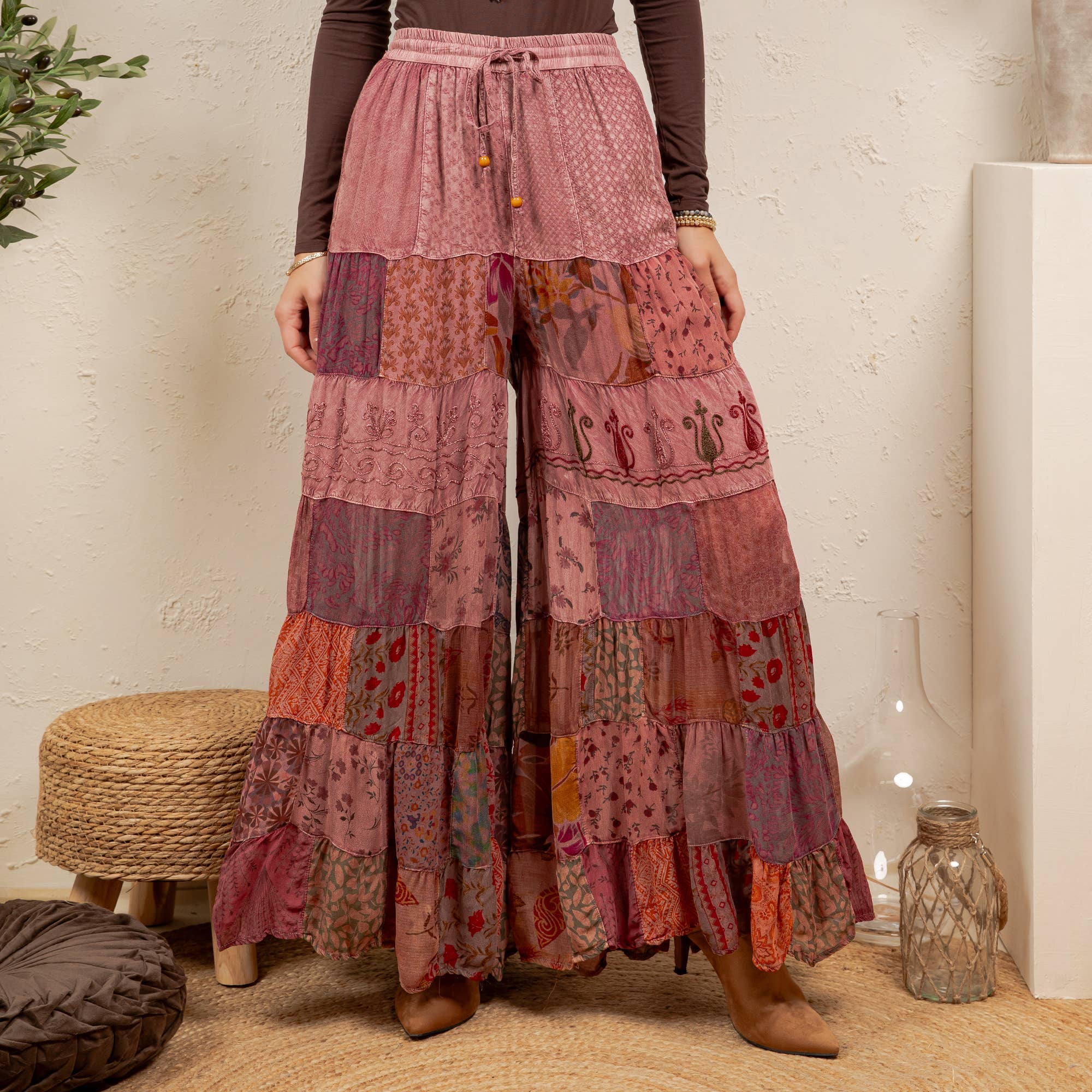 Mixed-Print Tiered Boho Pants – Garnet