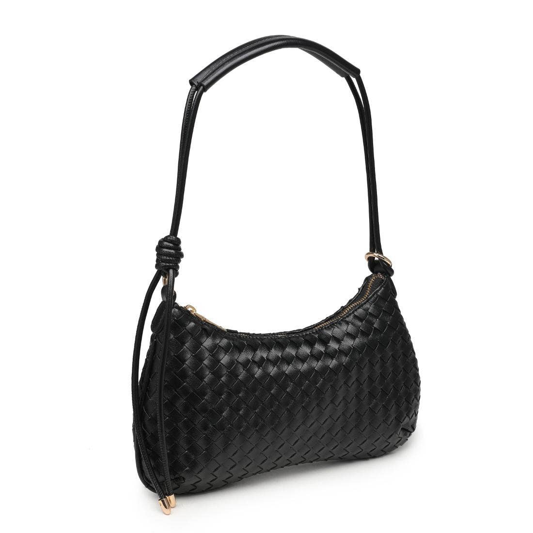 Cindy Woven Crescent Shoulder Bag in Black by Moda Luxe single photo close up on white background 