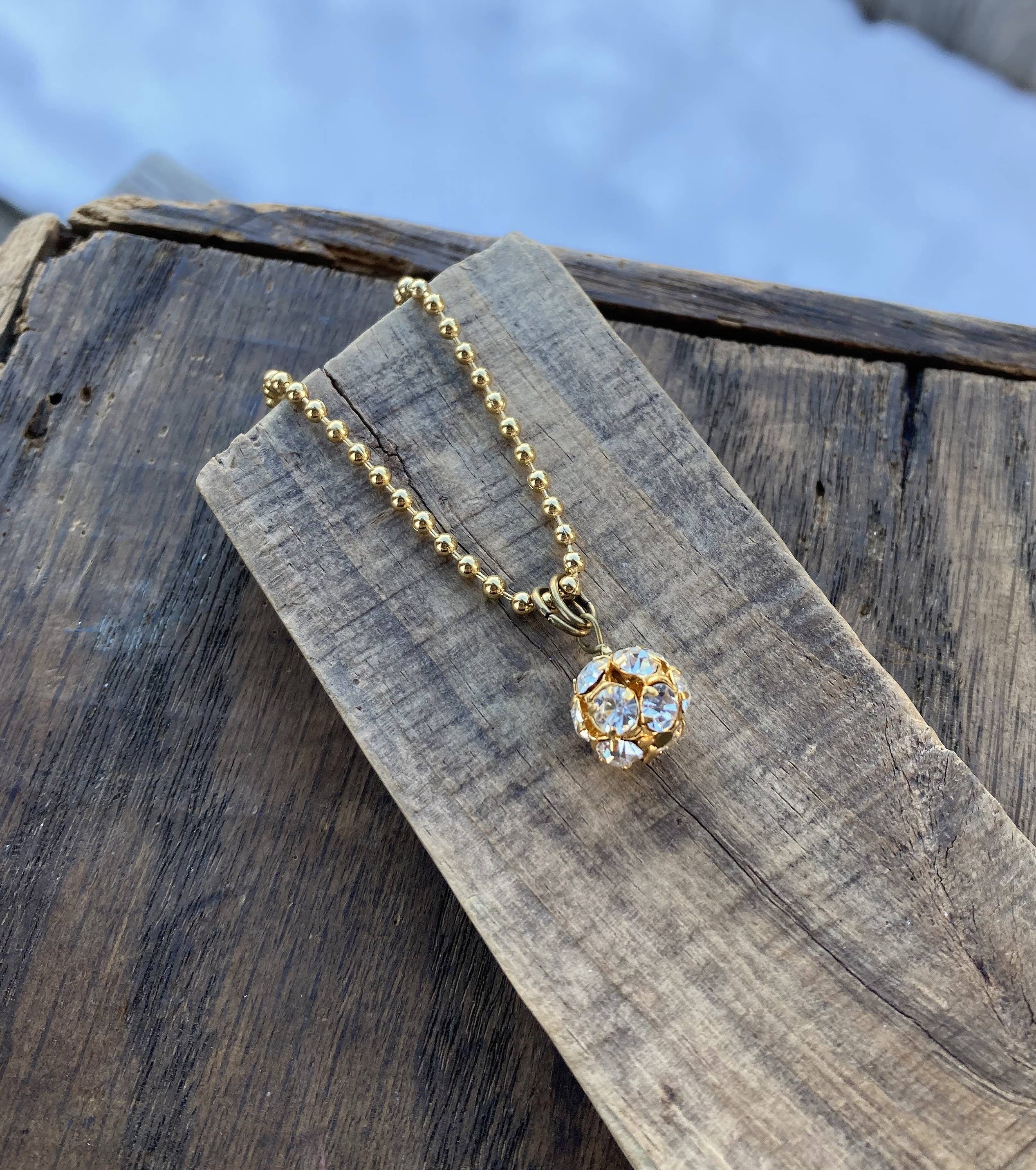 Clear Rhinestone & Gold Ball Charm Pendant Necklace