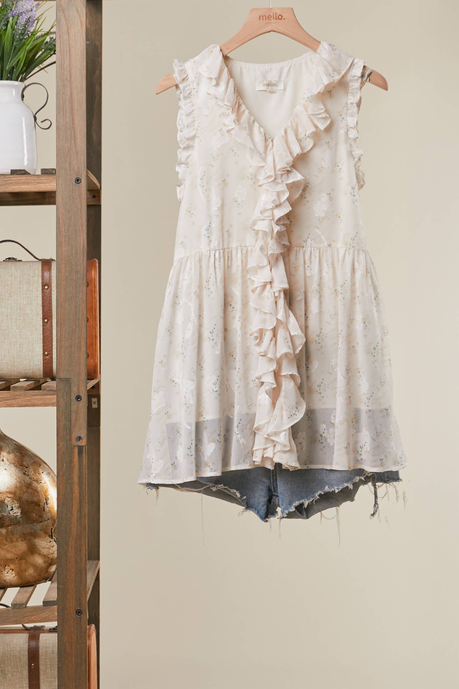 Enchanted Garden ruffled tunic - front view showing flowy silhouette with delicate floral ruffled detailing