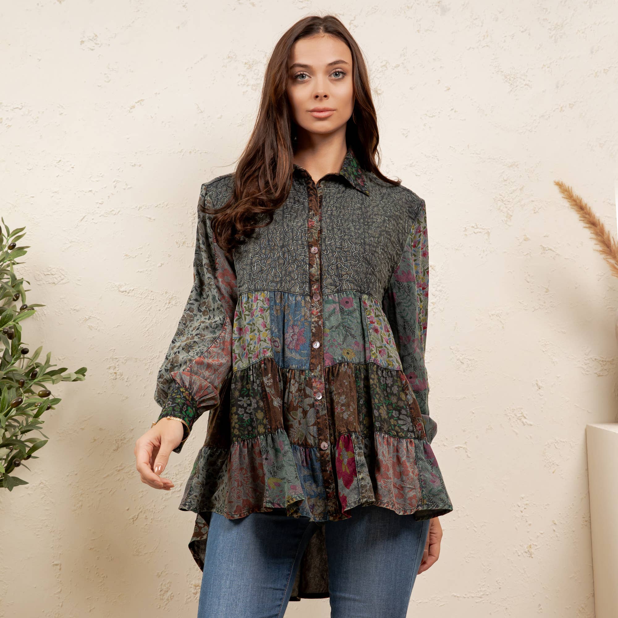Vintage Floral Boho Button Down Plus