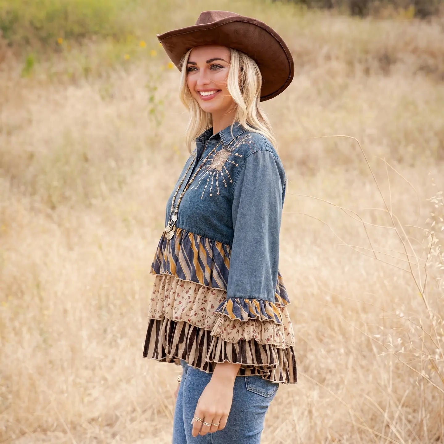 Denim Yoke Patchwork Tiered Tunic