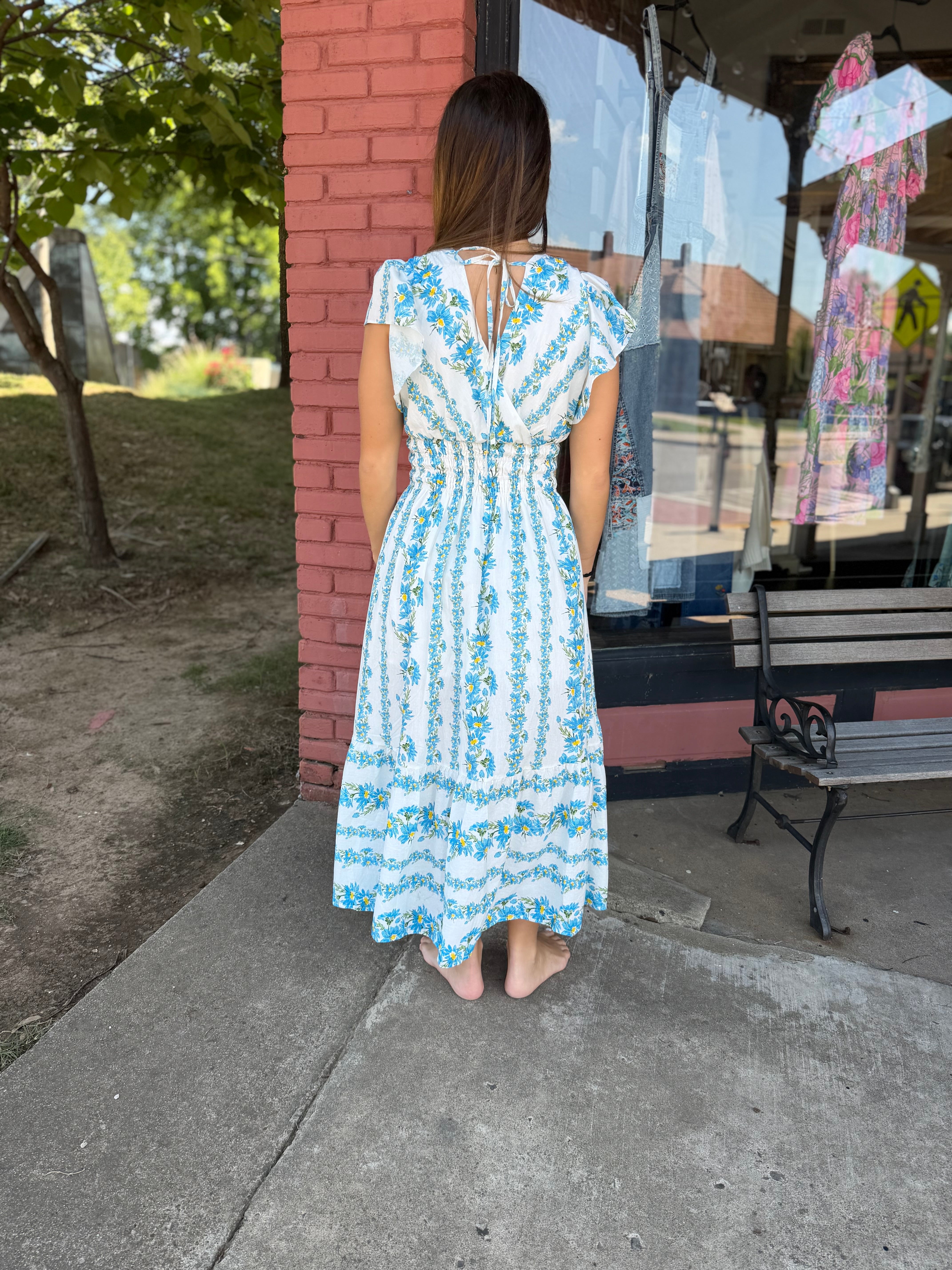 Floral Stripe Surplice Midi Dress back view