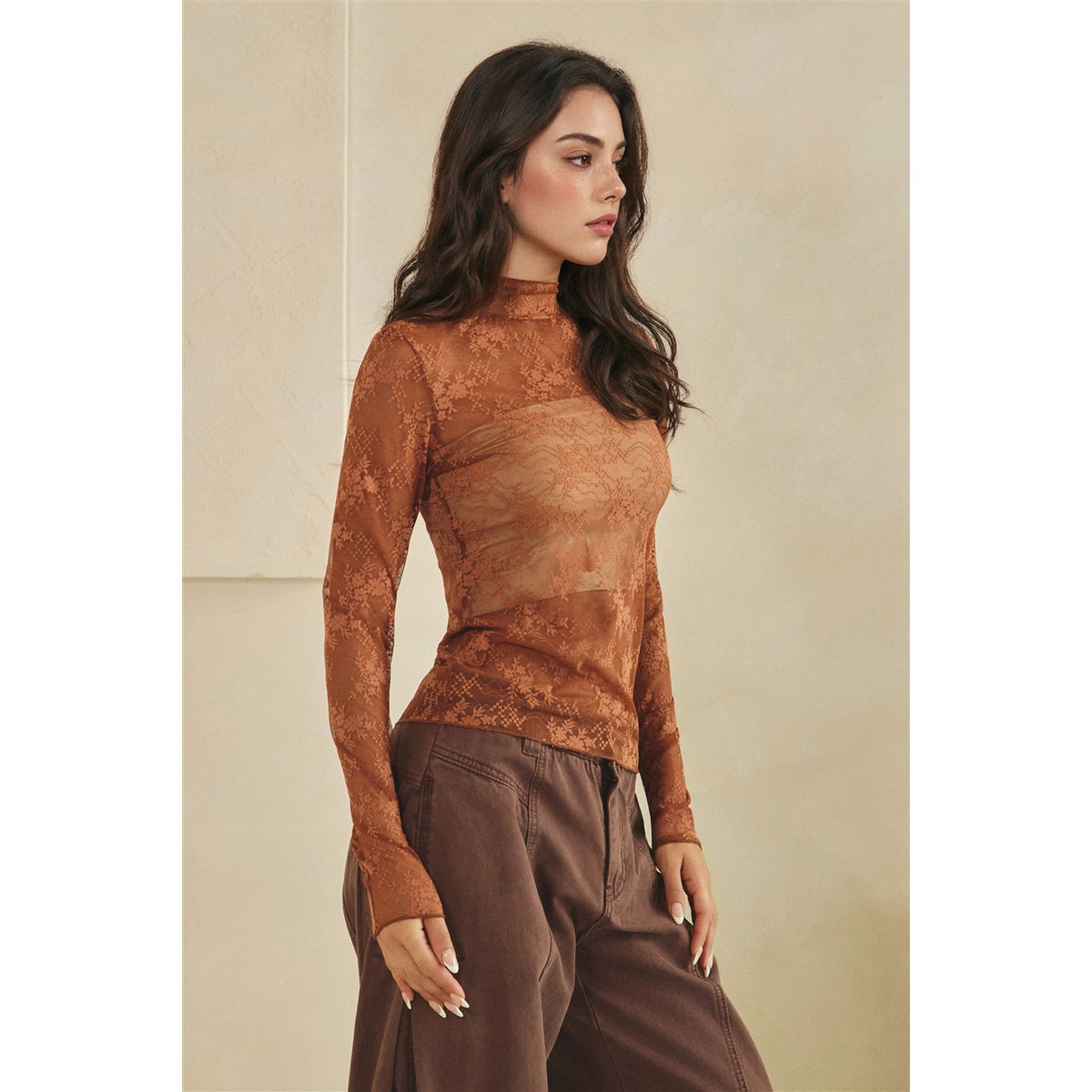 Narrow Hem Sheer Lace Top in Copper - mock neck floral lace long sleeve top side view
