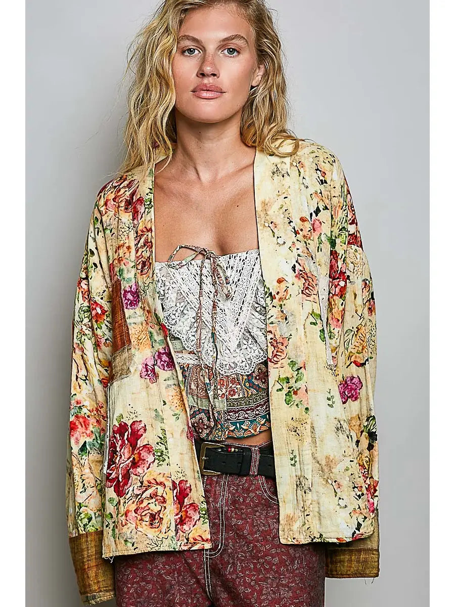 Peace in Bloom Yellow Floral Reversible Boho Jacket front view from POL clothing