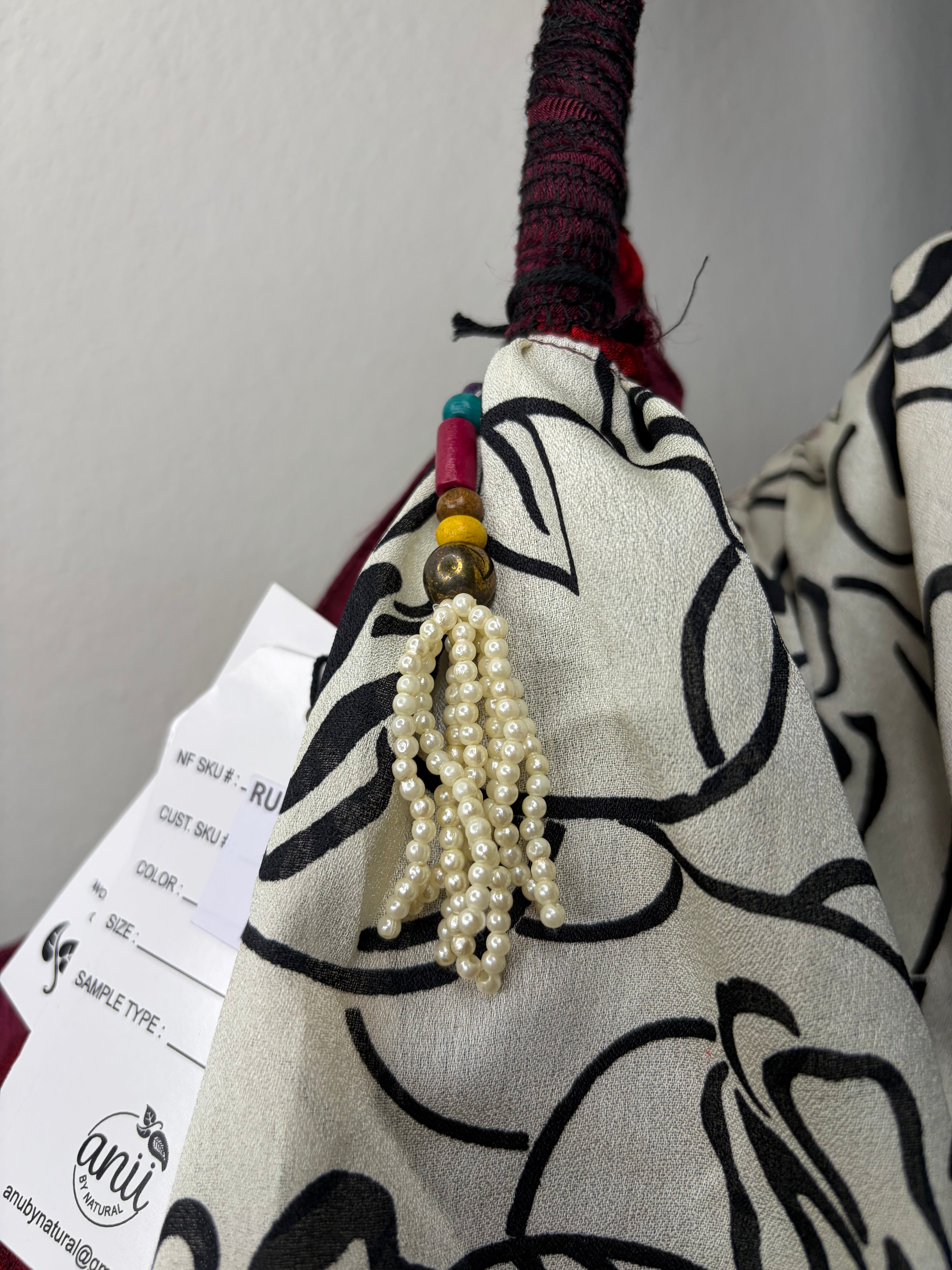 Black & White Red Berry Boho Patchwork Tote