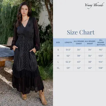Deep Charcoal Boho Embroidered Maxi Dress - Size Chart
