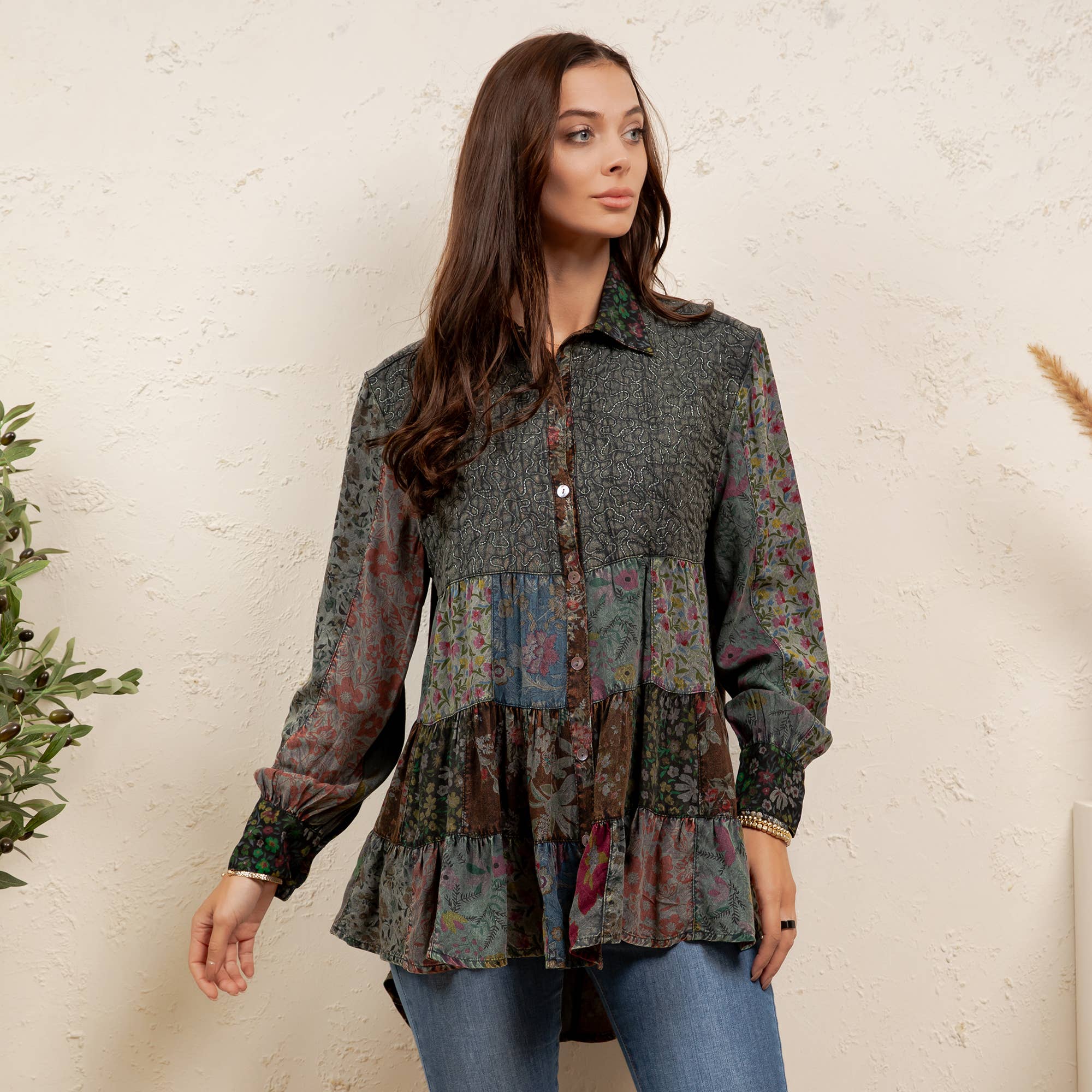 Vintage Floral Boho Button Down Plus