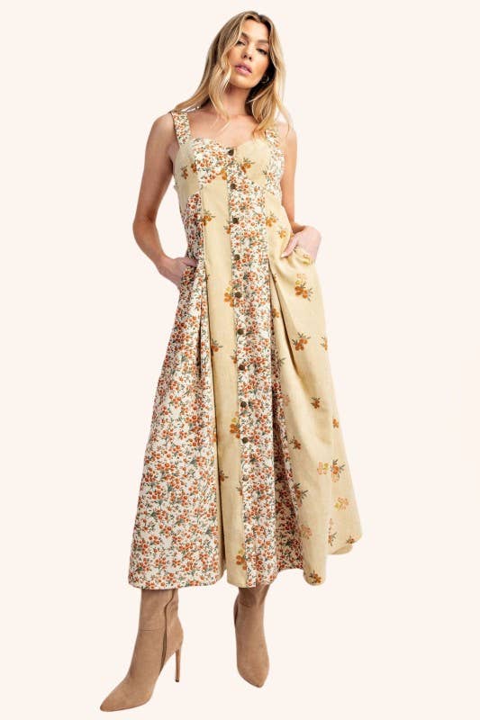 Cottagecore patchwork floral A-line midi with sweetheart bodice and pockets