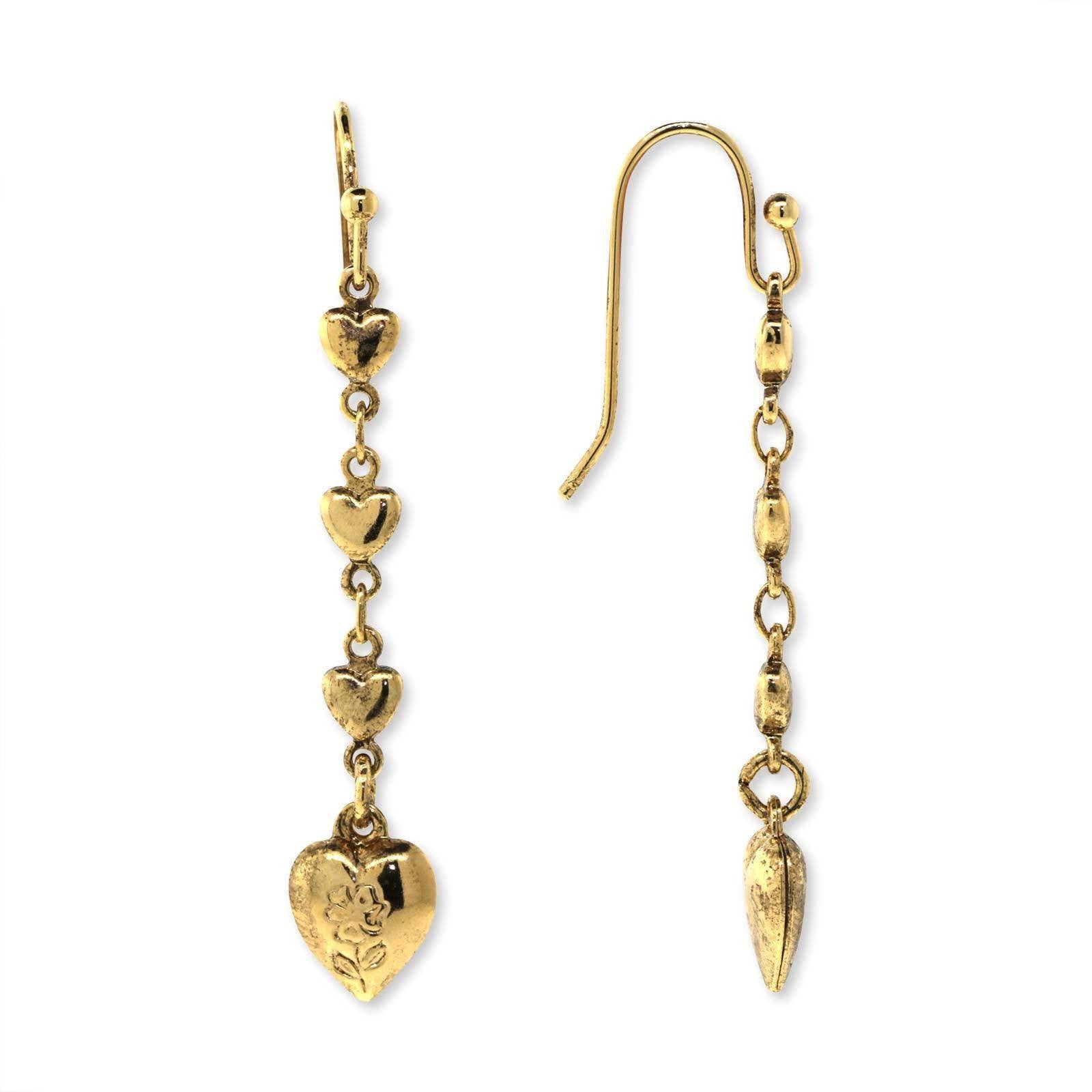 The Enchanted Heart linear earrings - 14K gold-dipped drop earrings with etched heart design by 1928 Jewelry
