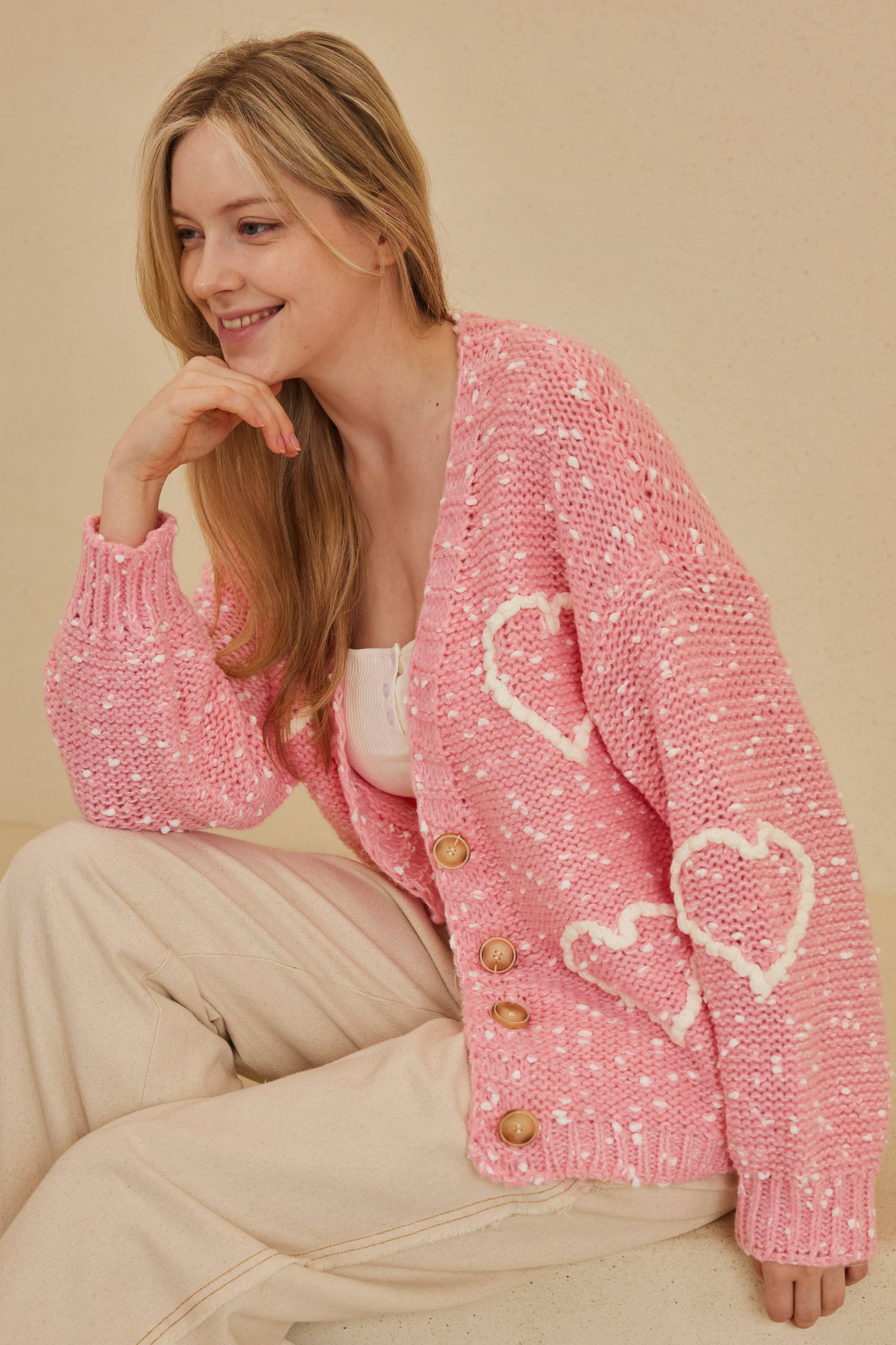 Heartstrings cardigan texture - soft premium knit with delicate heart overstitch accents