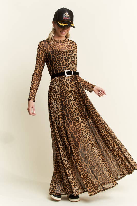 Front view of a leopard-print long-sleeve mesh maxi dress with a sheer, flowy skirt, styled with a black belt (square buckle), baseball cap, and black sneakers.