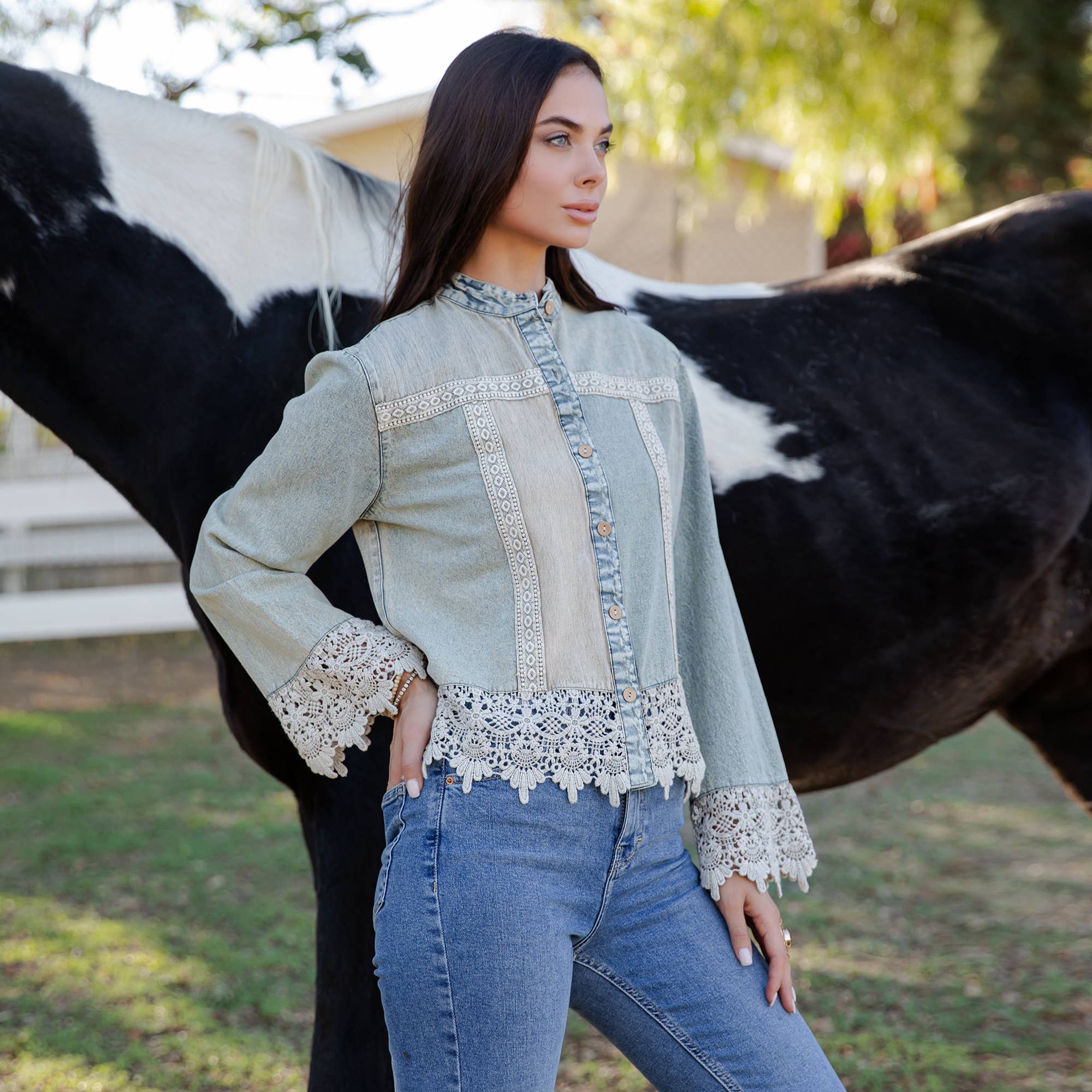The Havannah Lace Trim Denim Top - styled view showing versatile bohemian-luxe aesthetic