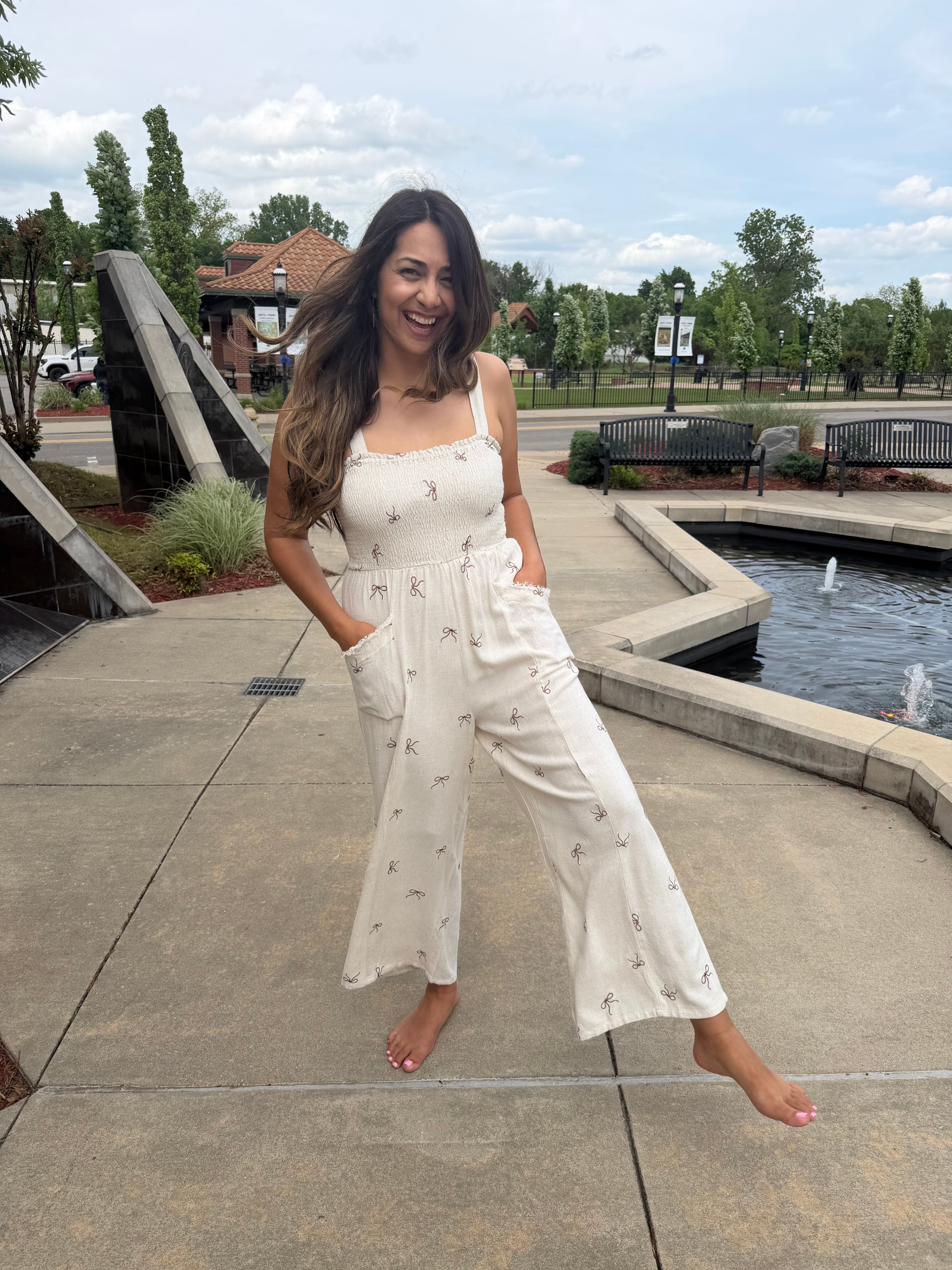 Cream Bow Smocked Linen Jumpsuit