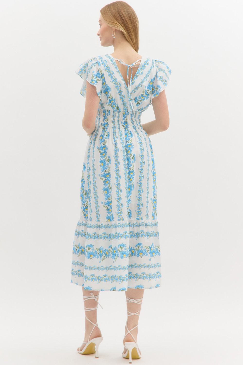 Floral Stripe Surplice Midi Dress back view 