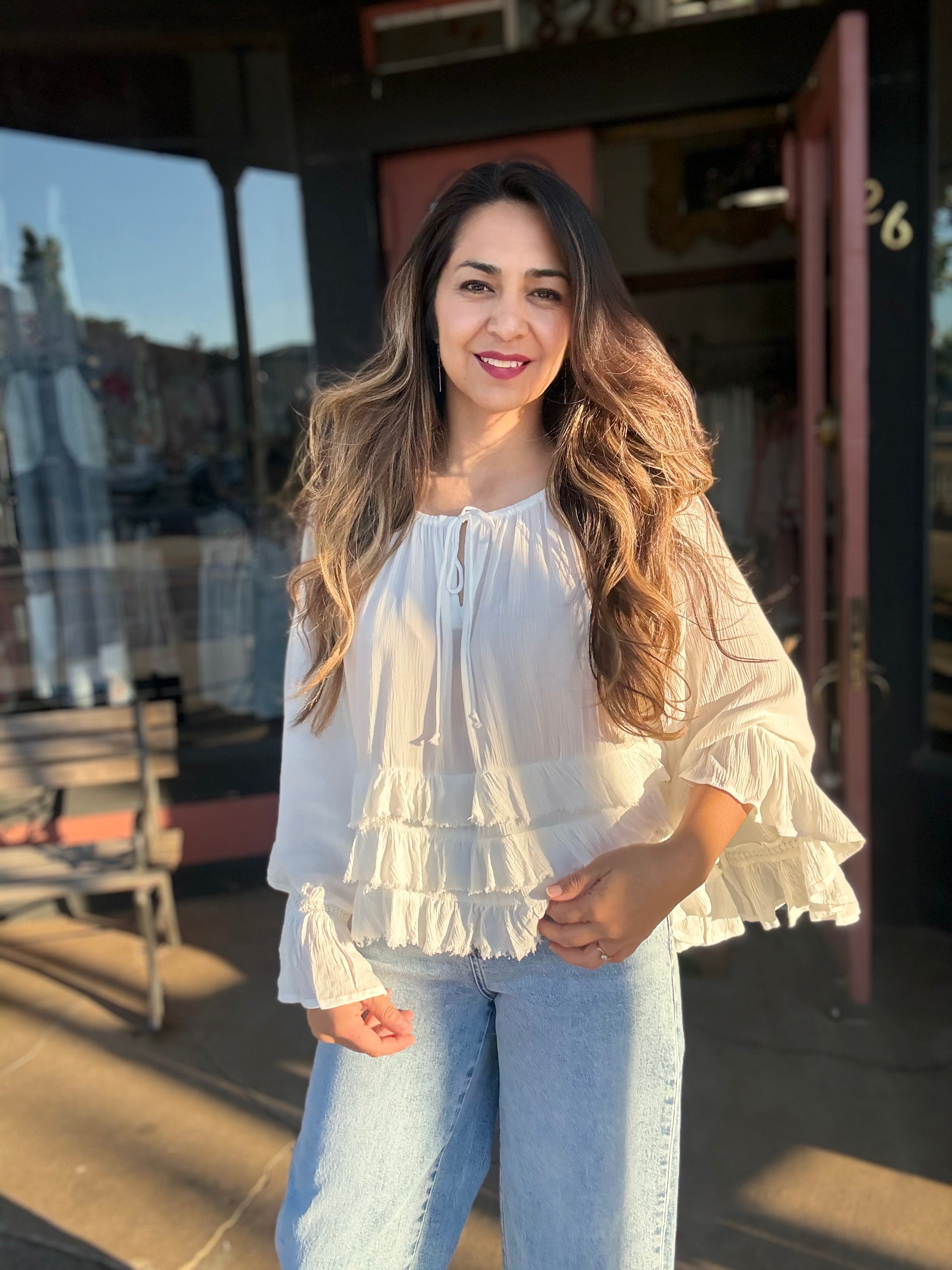 Ivory Tiered Ruffle Bell Sleeve Top