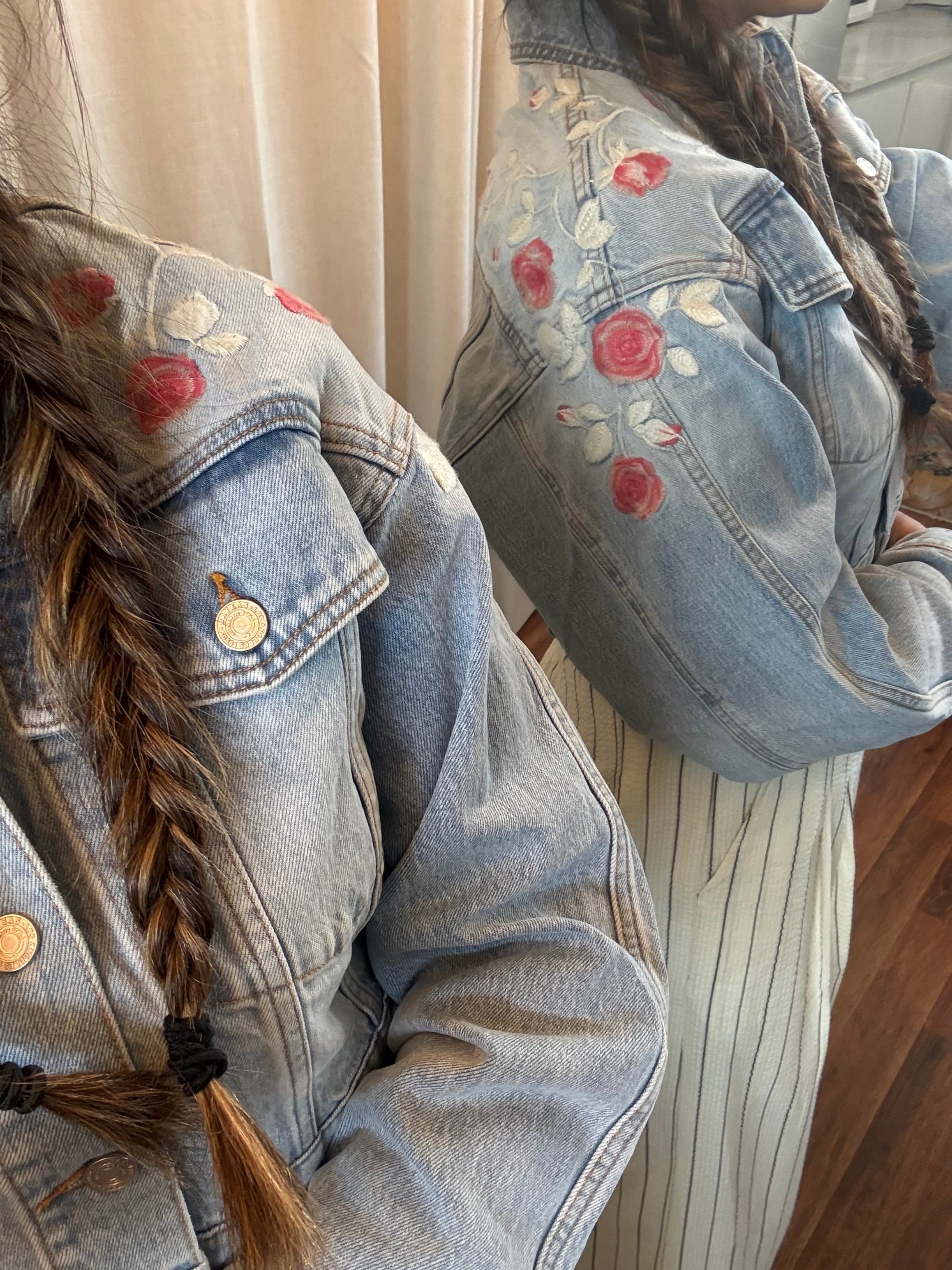 Detail shot of Paris Floral Crop Jacket in Denim Floral – vibrant embroidered cropped outerwear by Bayeas, boho-luxe style 