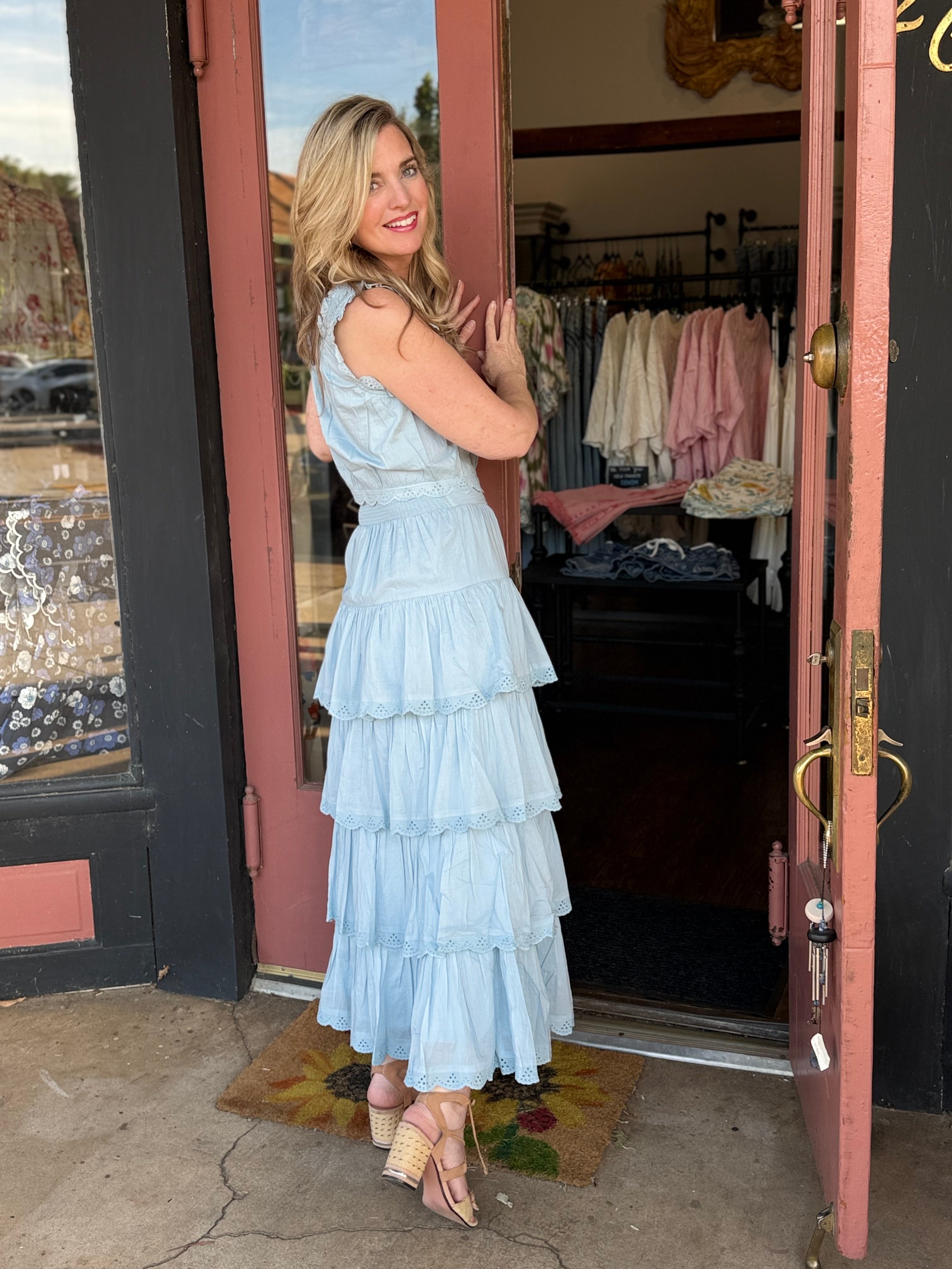 The Cosette Maxi Skirt in Spring Blue – tiered eyelet maxi skirt, side view
