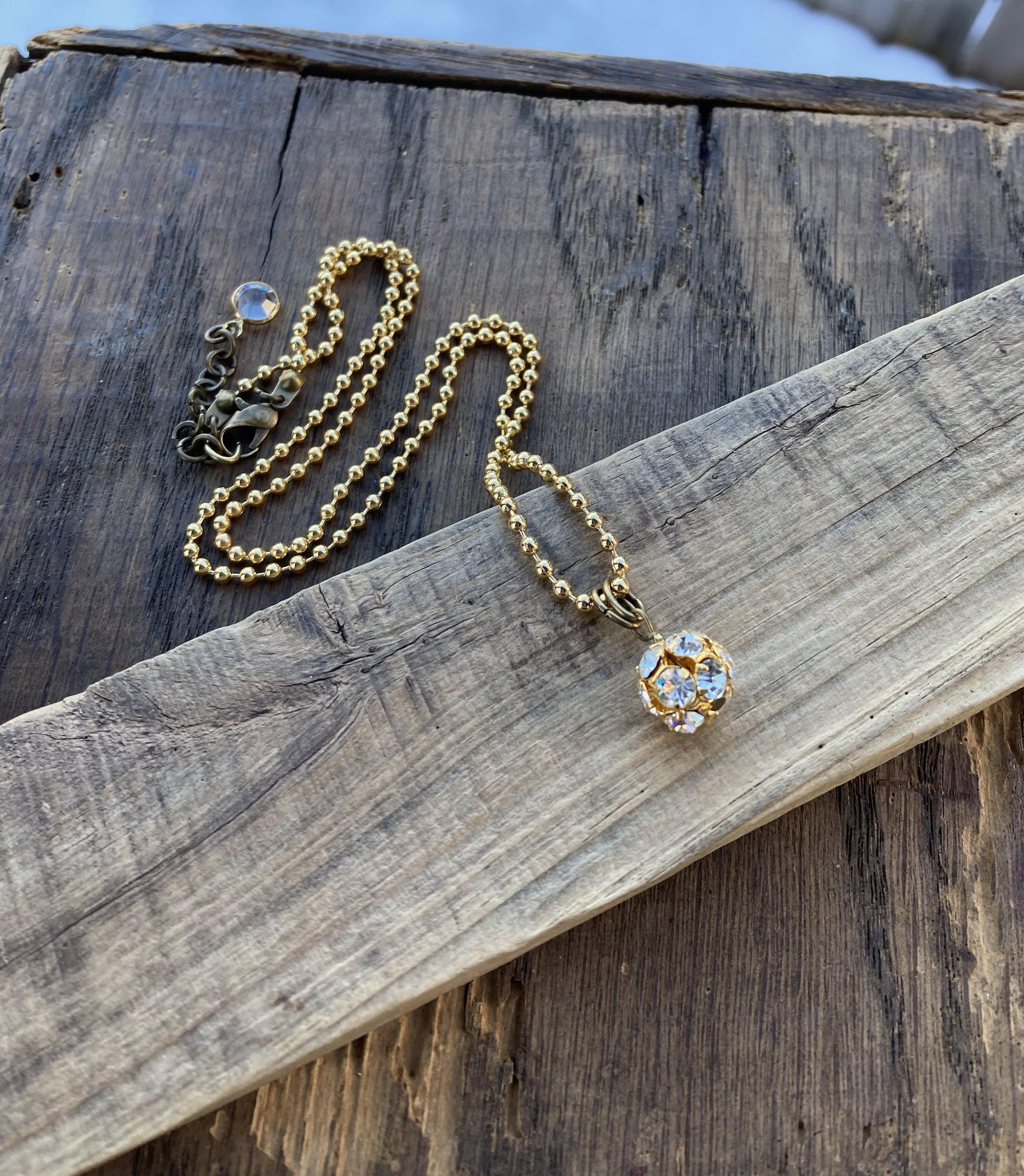 Clear Rhinestone & Gold Ball Charm Pendant Necklace