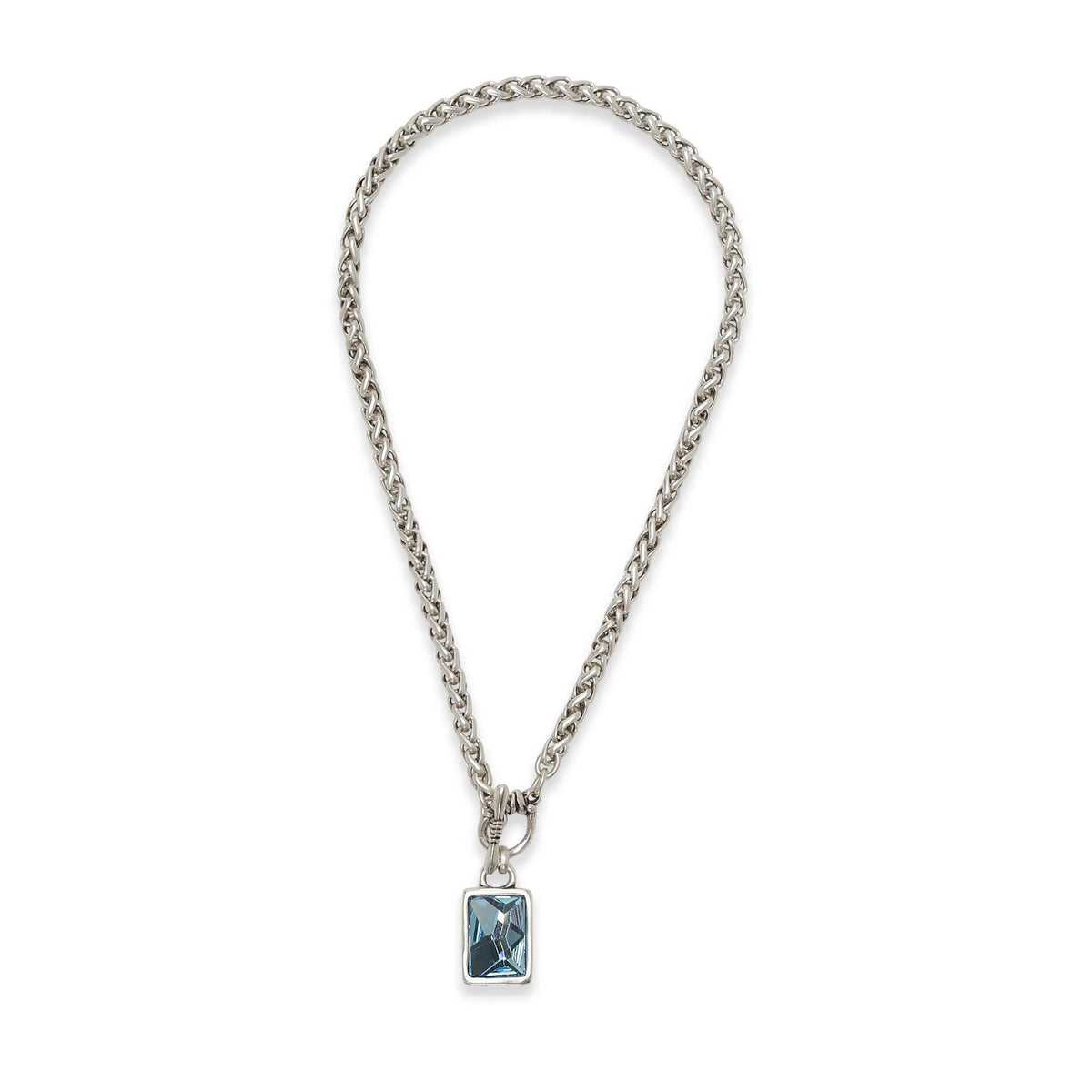 Silver chain necklace with a rectangular pendant on a white background