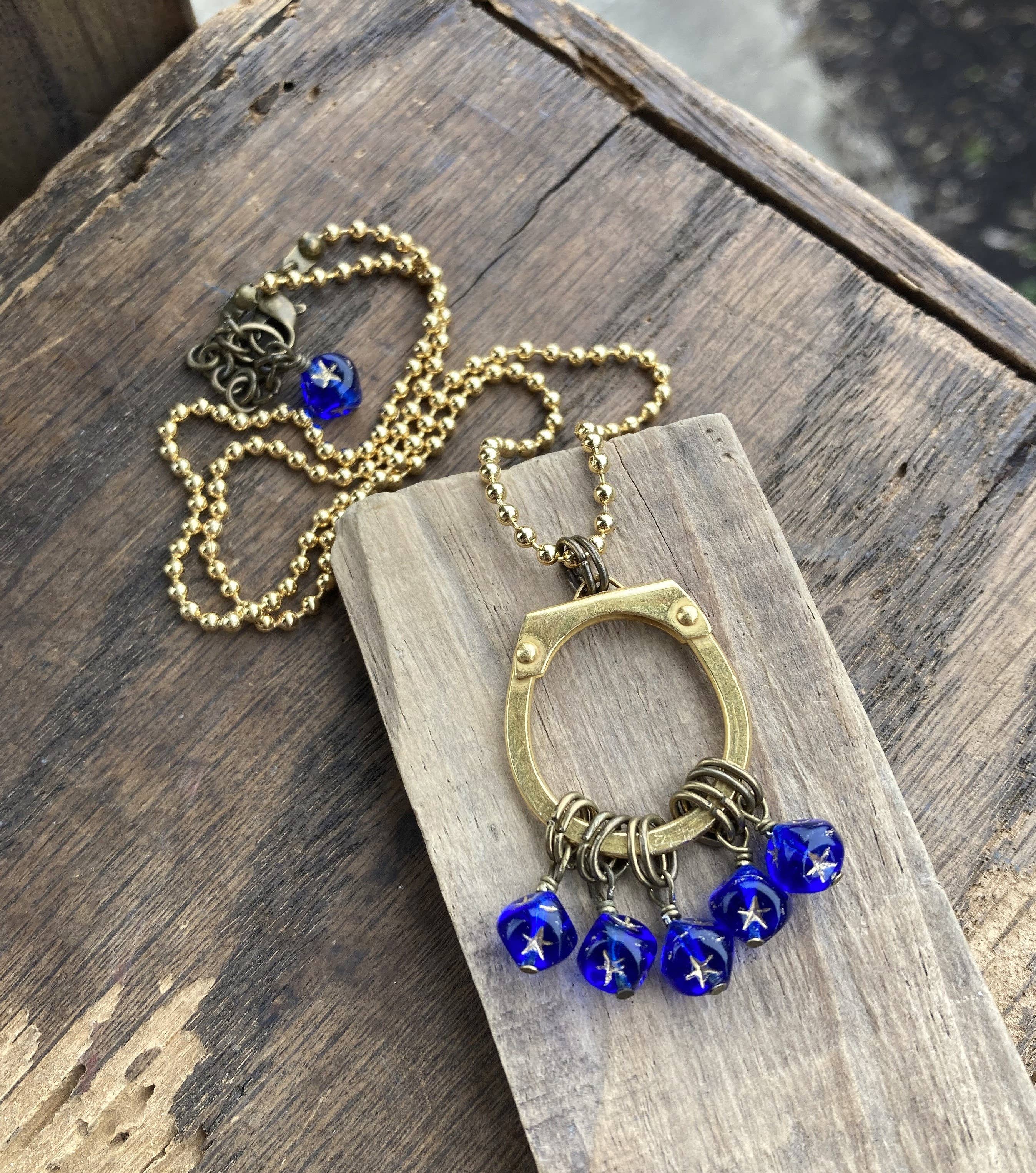 Cobalt & Gold Stars Glass Beaded Pendant Necklace