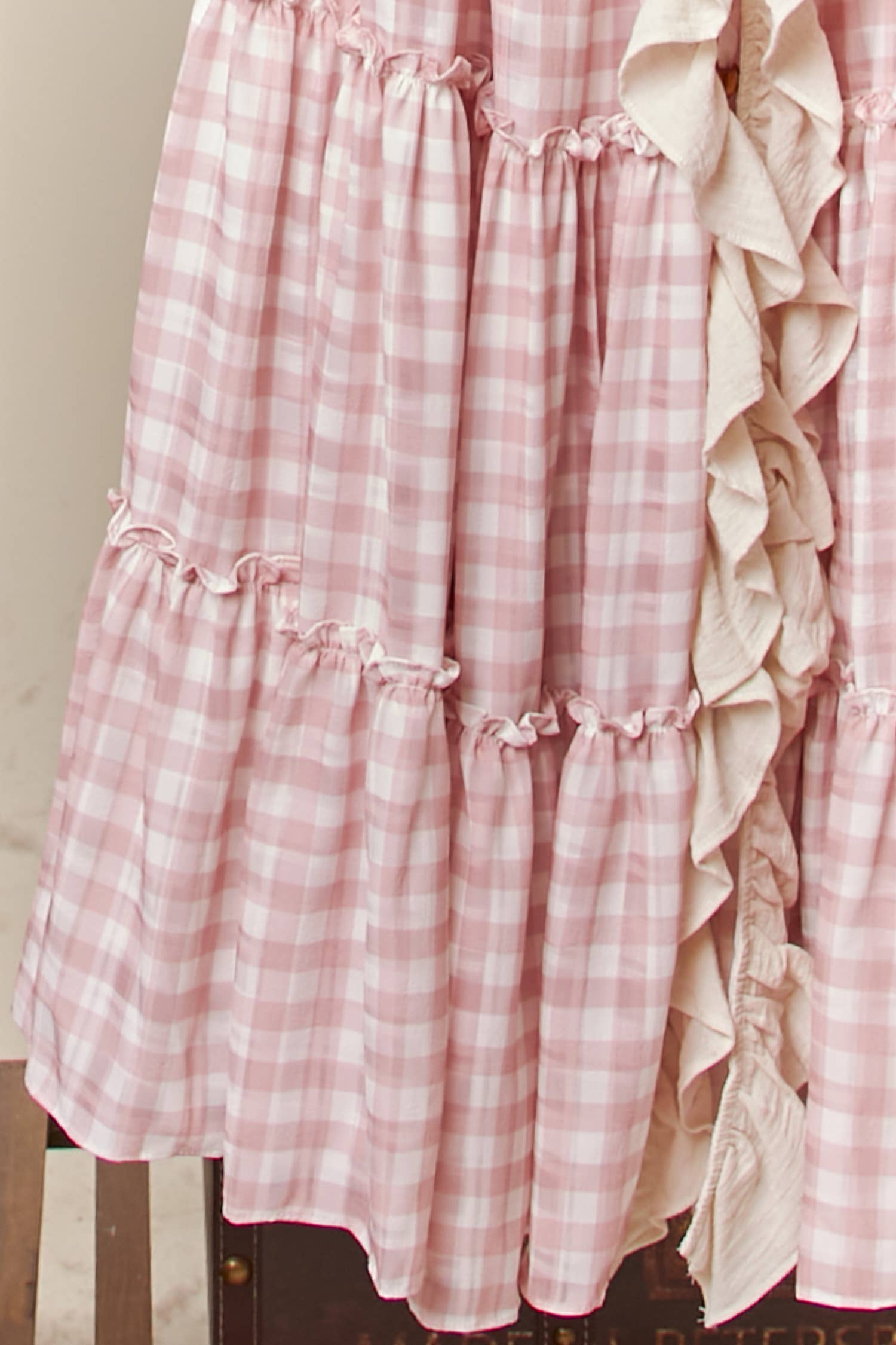 Pink ruffle cardigan dress detail - cascading ruffles and premium quality fabric construction