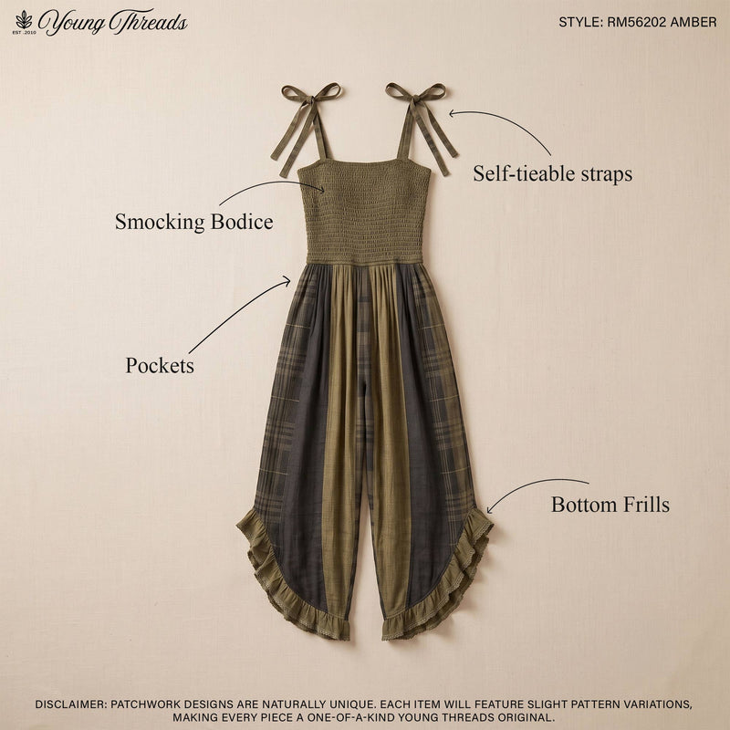 A sleeveless pleated dress with tied shoulder straps, shown on a beige background with callout labels pointing to the smoking bodice, pockets, self-tieable straps, and bottom frills. The Young Threads branding appears in the top corners.