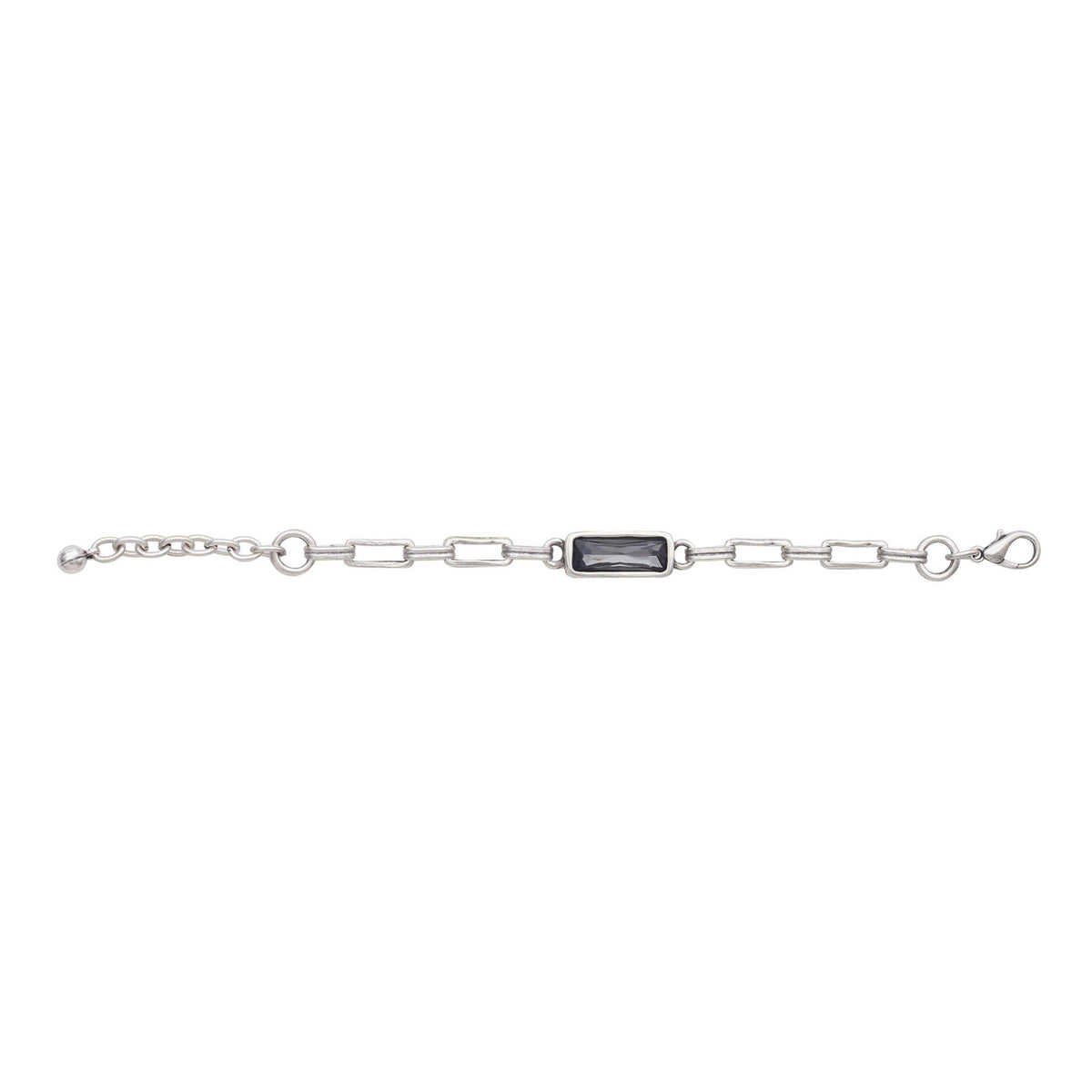 A silver-toned chain bracelet featuring a central rectangular bezel-set dark gray stone, displayed horizontally on a solid white background.