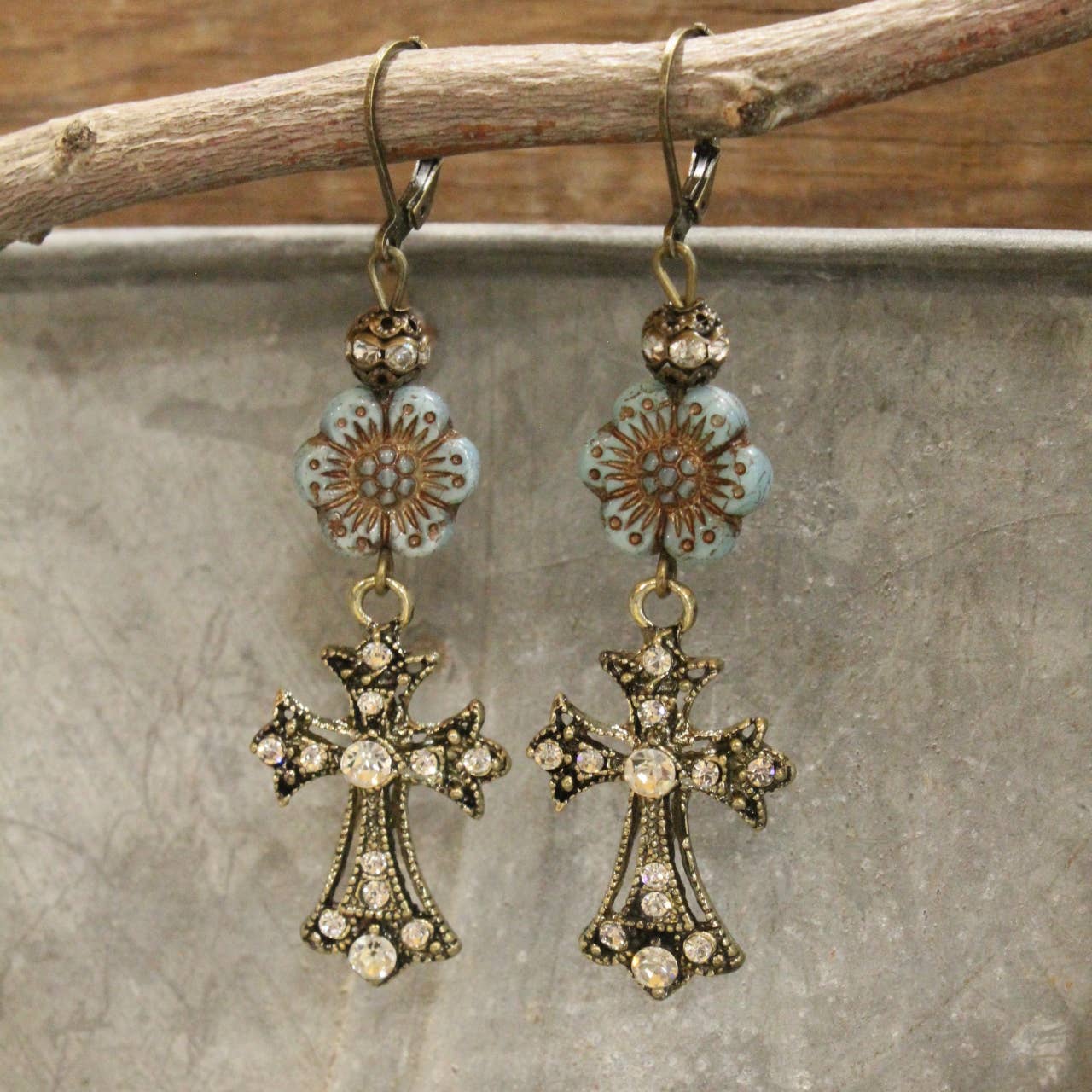 Vintage Bronze Cross & Denim Czech Dangle Earrings