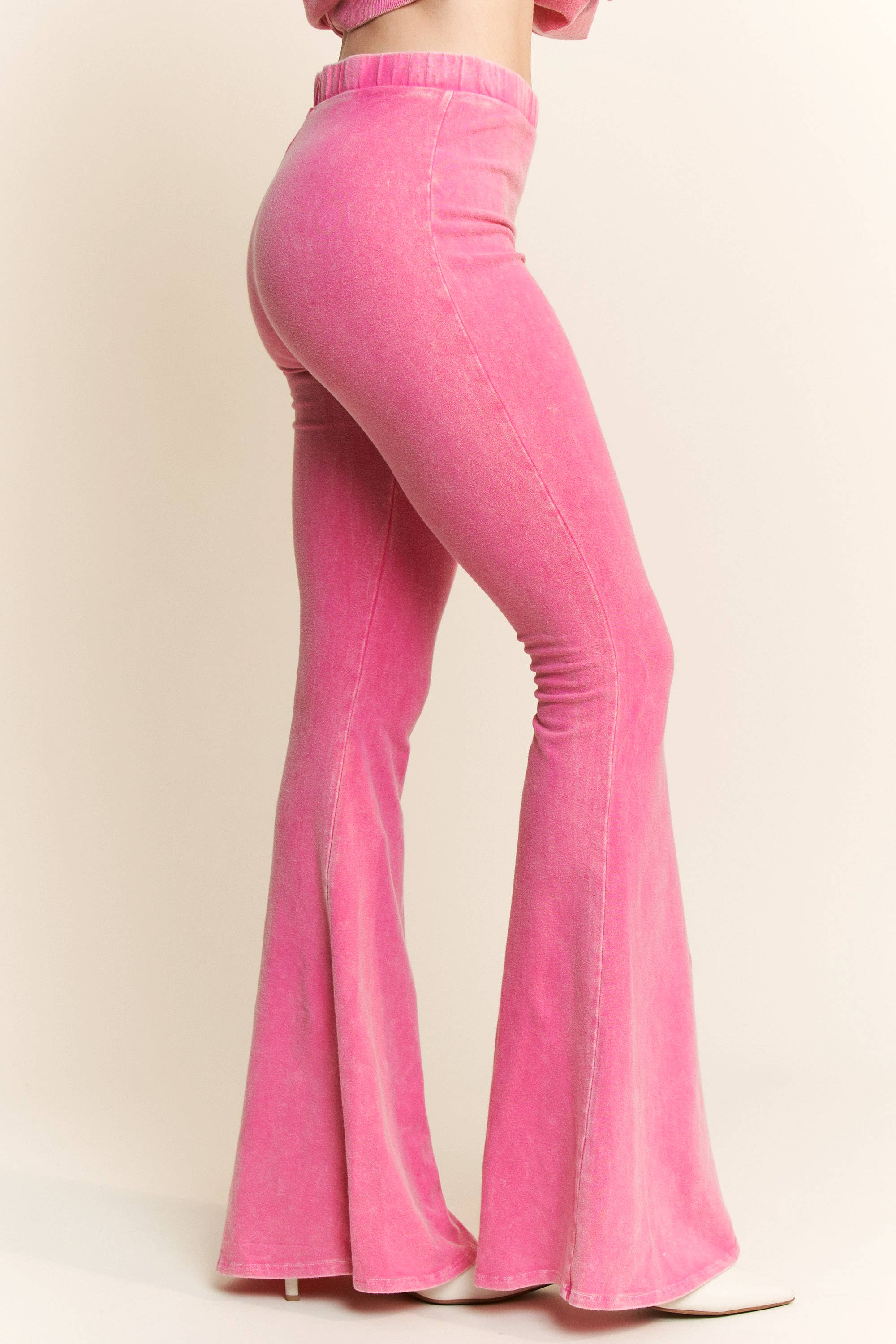 Hot Pink flared pants mineral wash side view 