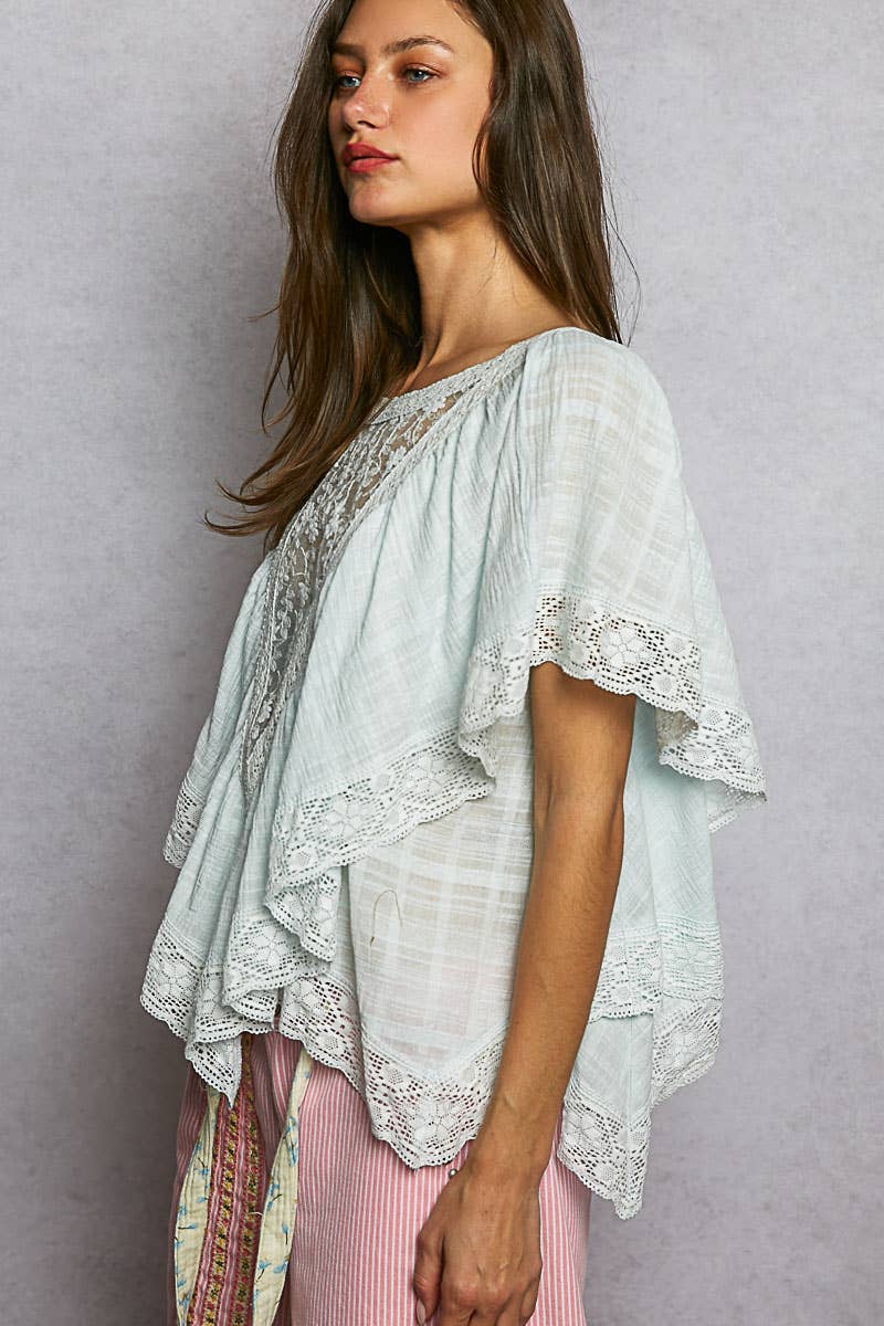 Reversible Embroidered Ruffle Top Blue