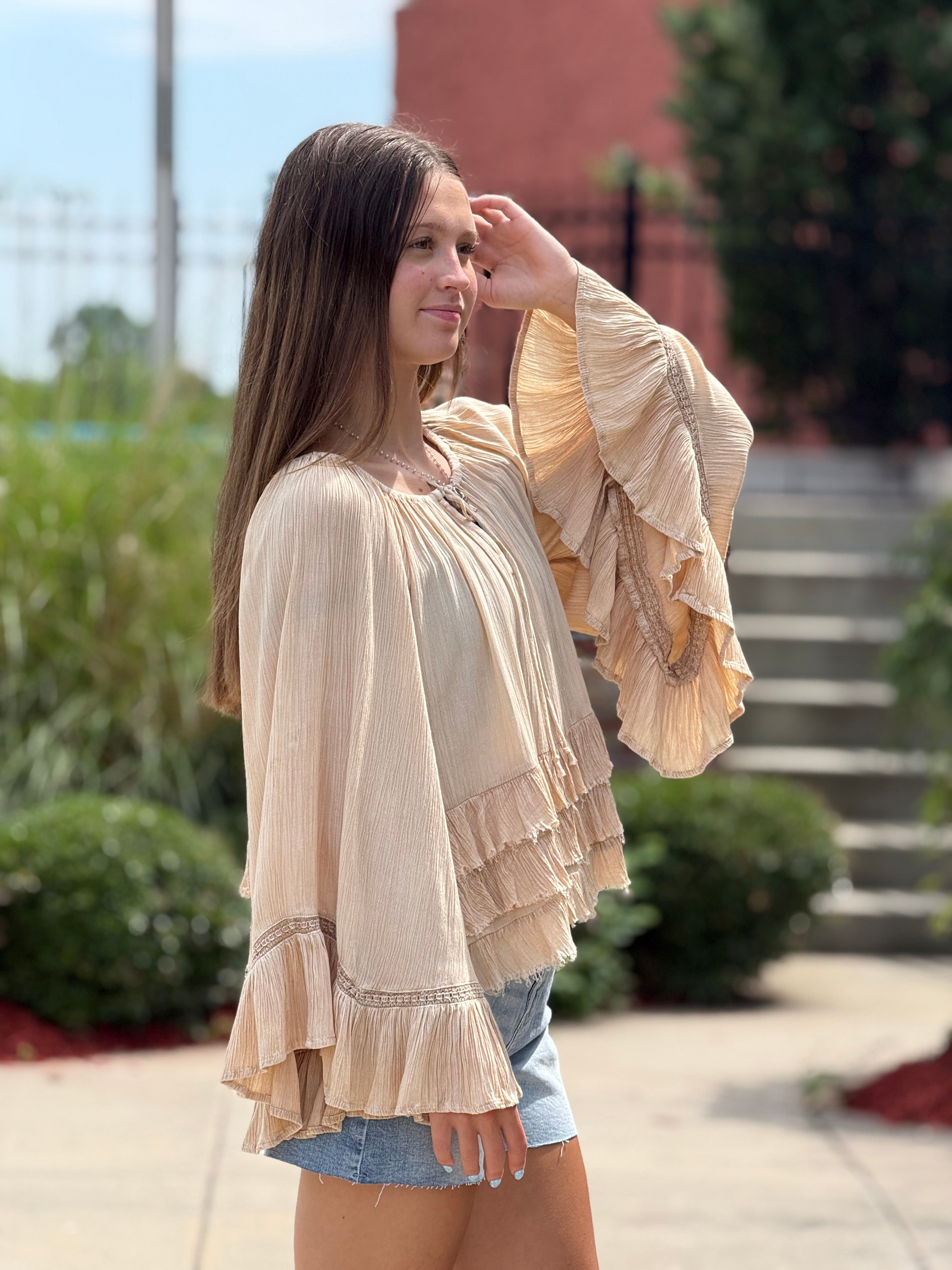 Almond Tiered Ruffle Bell Sleeve Top