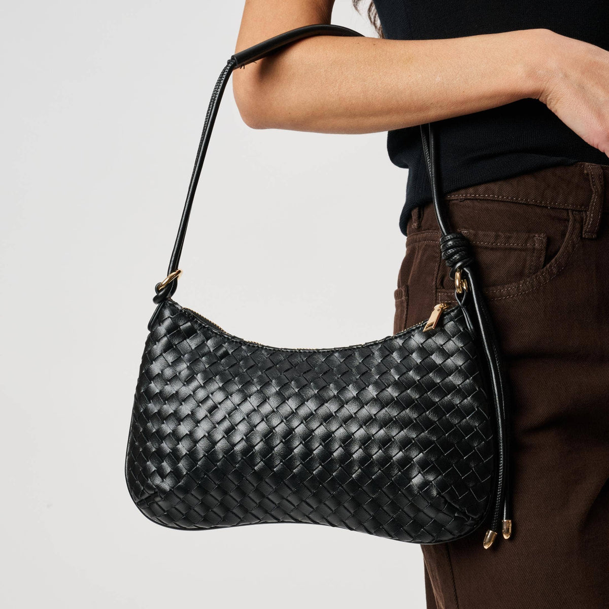 Cindy Woven Crescent Shoulder Bag in Black by Moda Luxe close up 