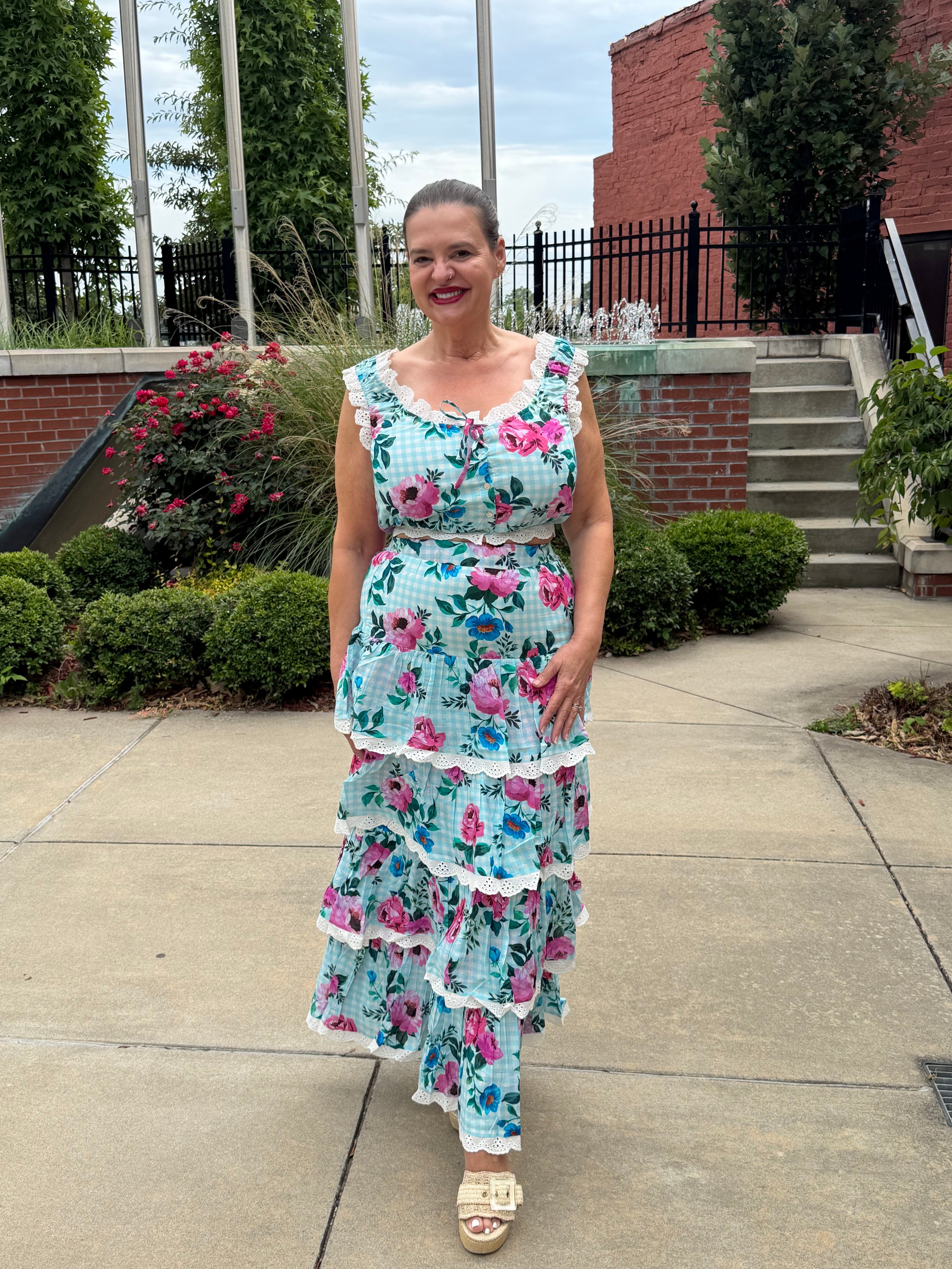 The Monet Floral Maxi Skirt – tiered floral maxi, front view
