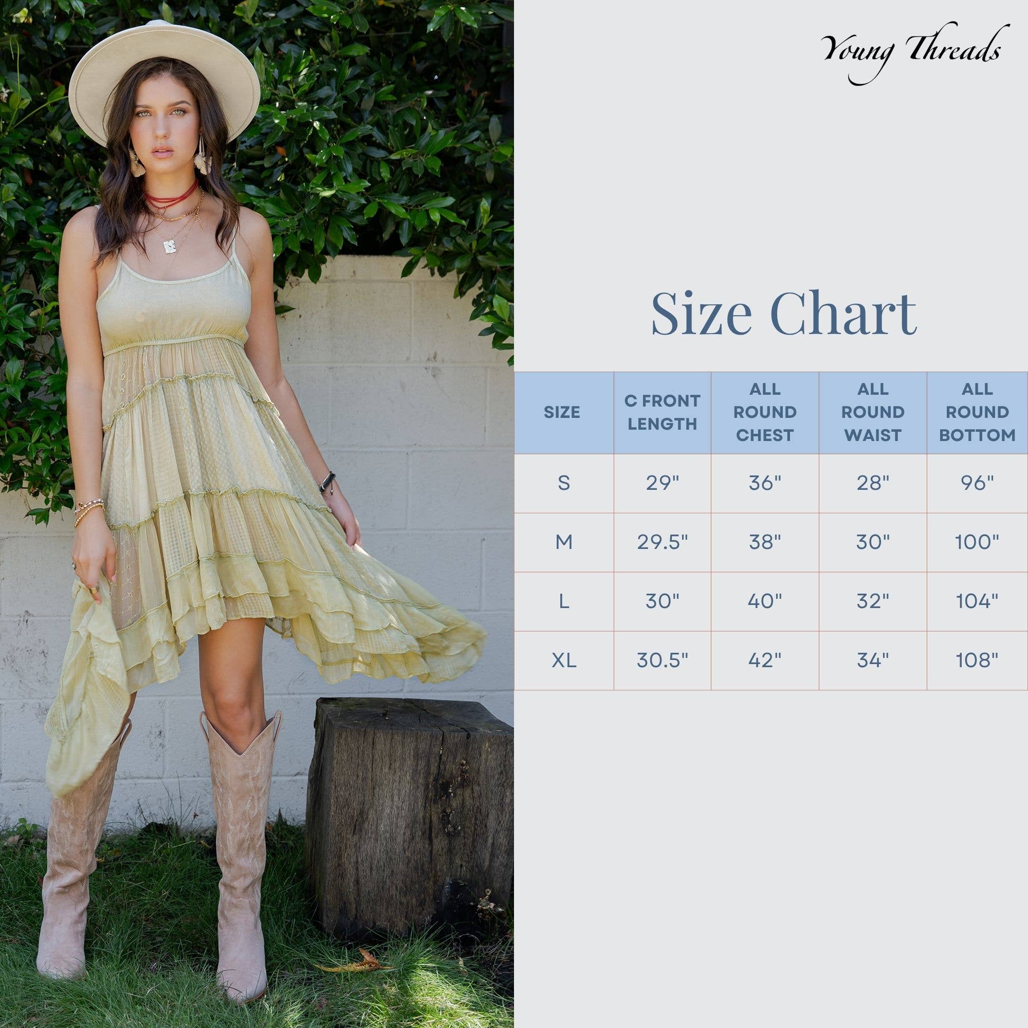 Daydream Believer dress size chart - measurements and fit guide for ruched midi dress

