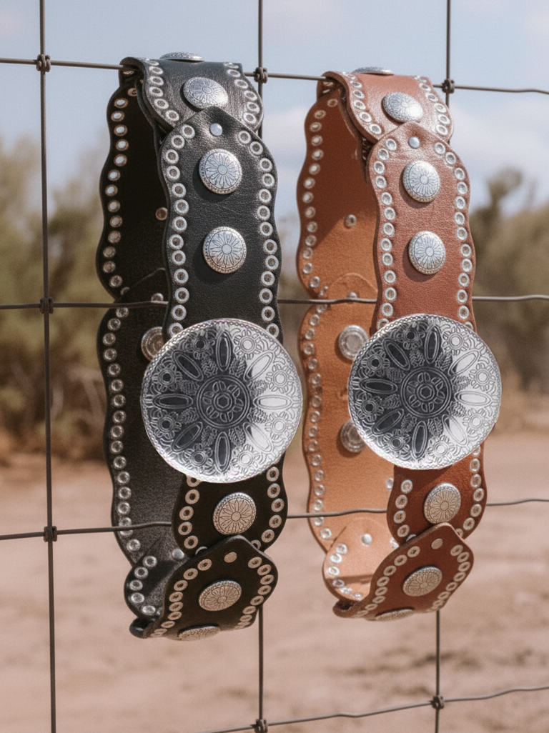 Two leather dog collars with decorative studs on a wire fence background.