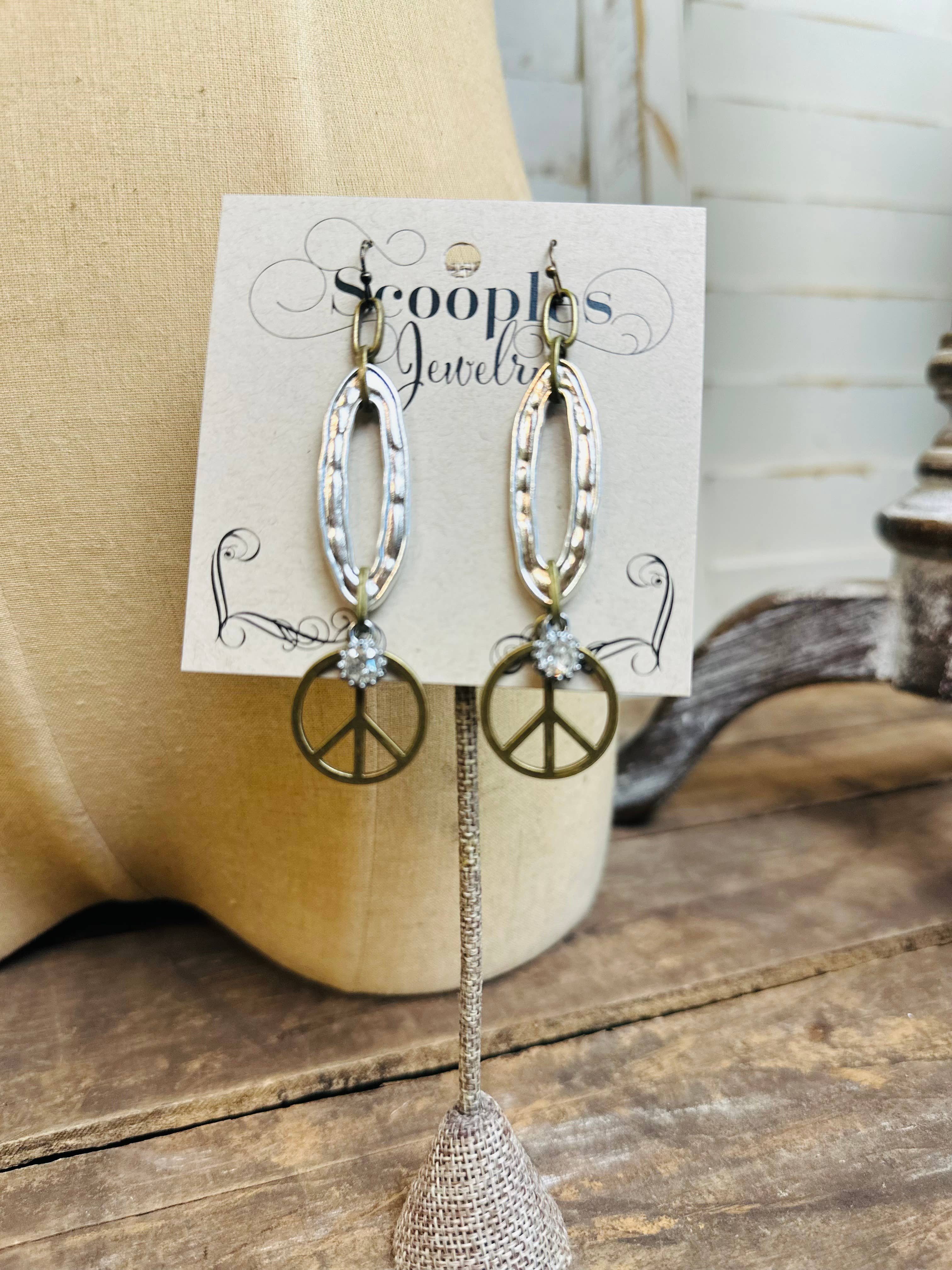 Two Tone Crystal Peace Sign Earrings