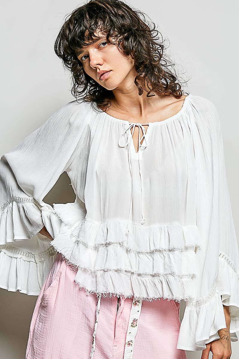 Ivory Tiered Ruffle Bell Sleeve Top