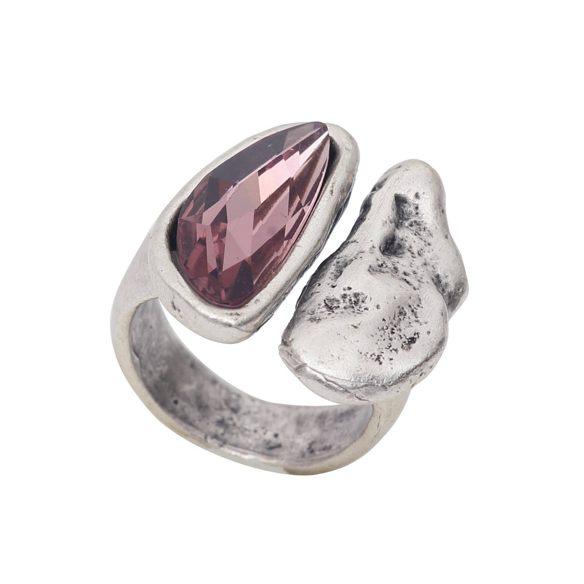 Silver ring with a pink gemstone on a white background