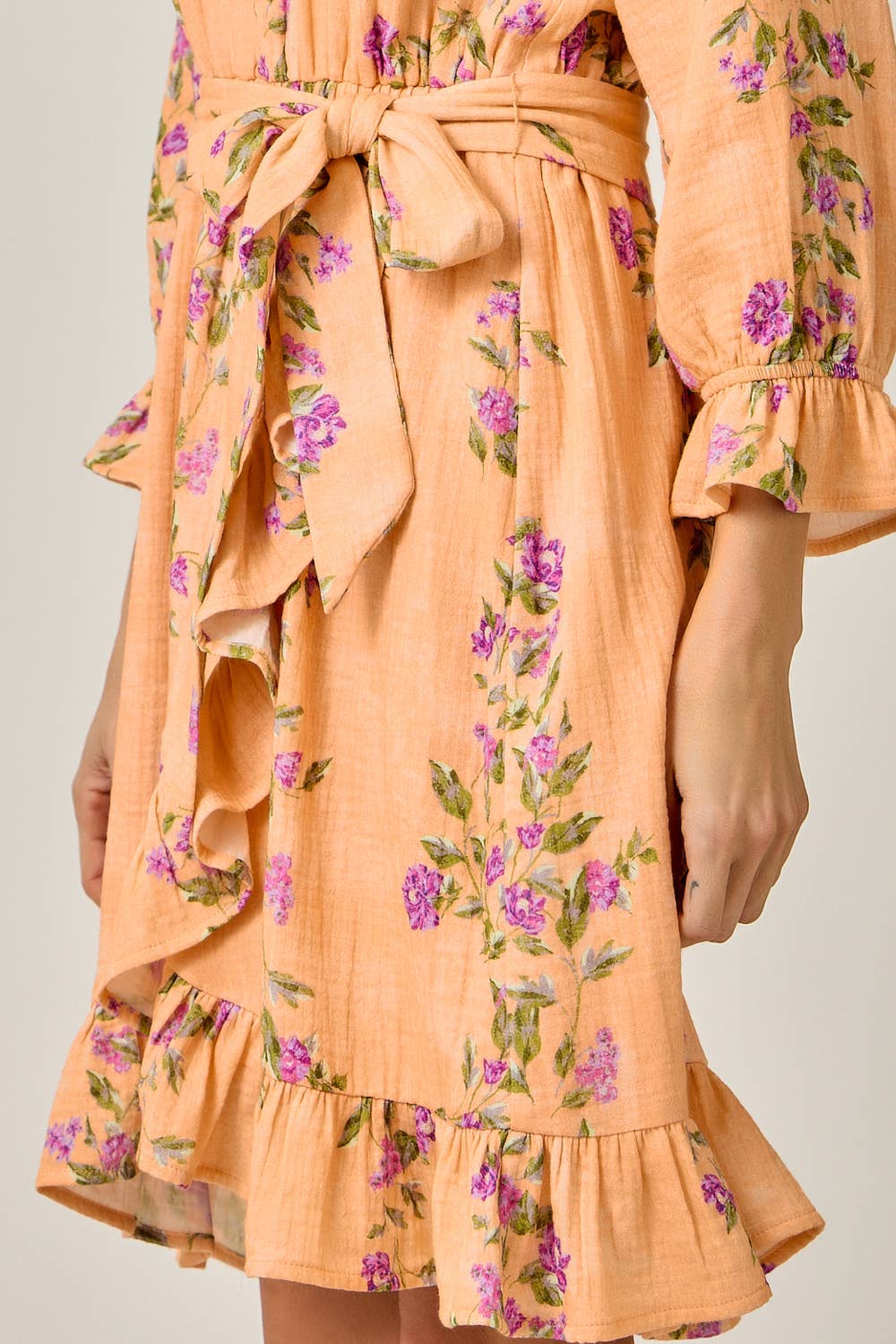 The Valencia Floral Wrap Dress - fabric texture close-up showing 100% cotton quality