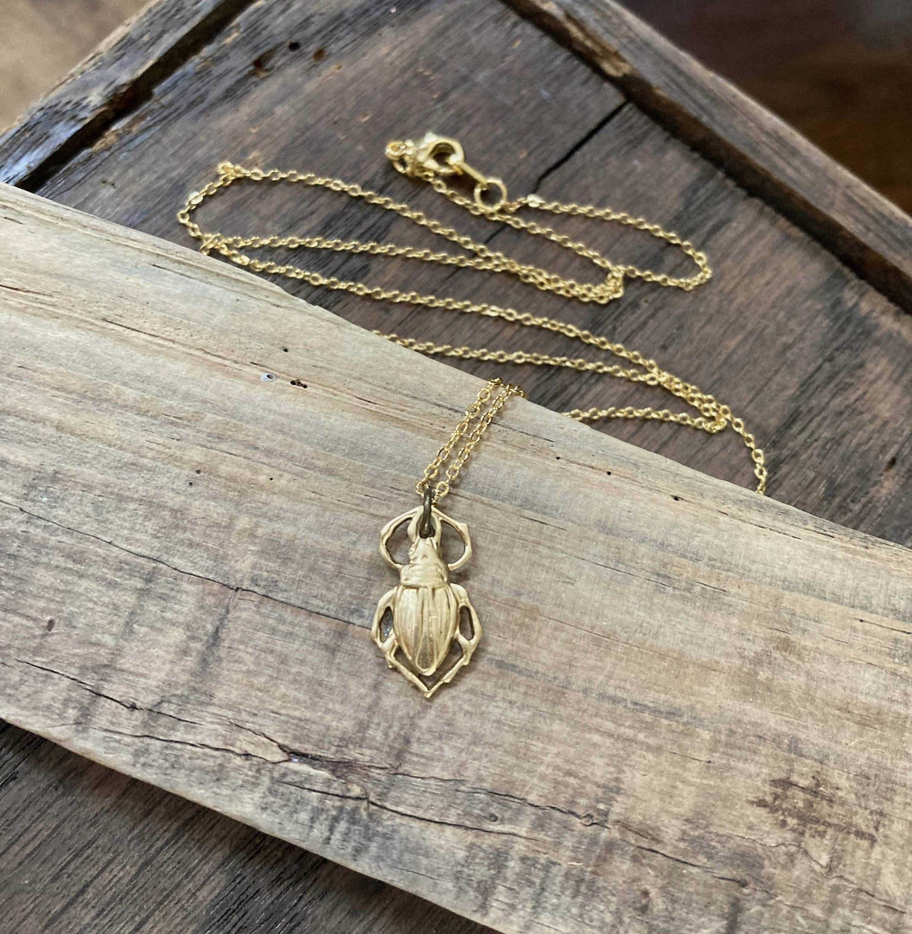 Tiny Brass Beetle Bug Charm Necklace